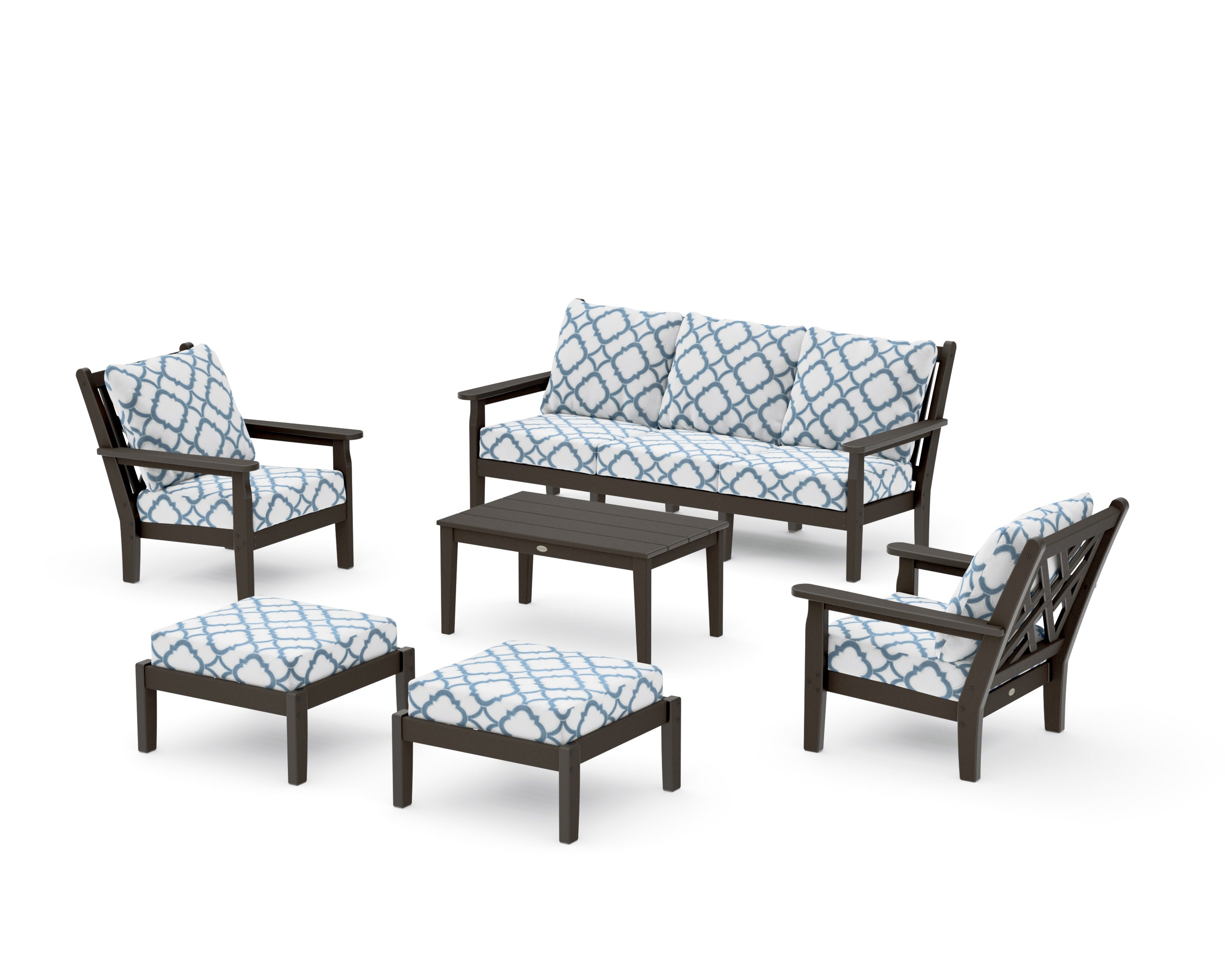 Chippendale 6-Piece Lounge Sofa Set in Vintage Coffee / Trellis Sky Blue