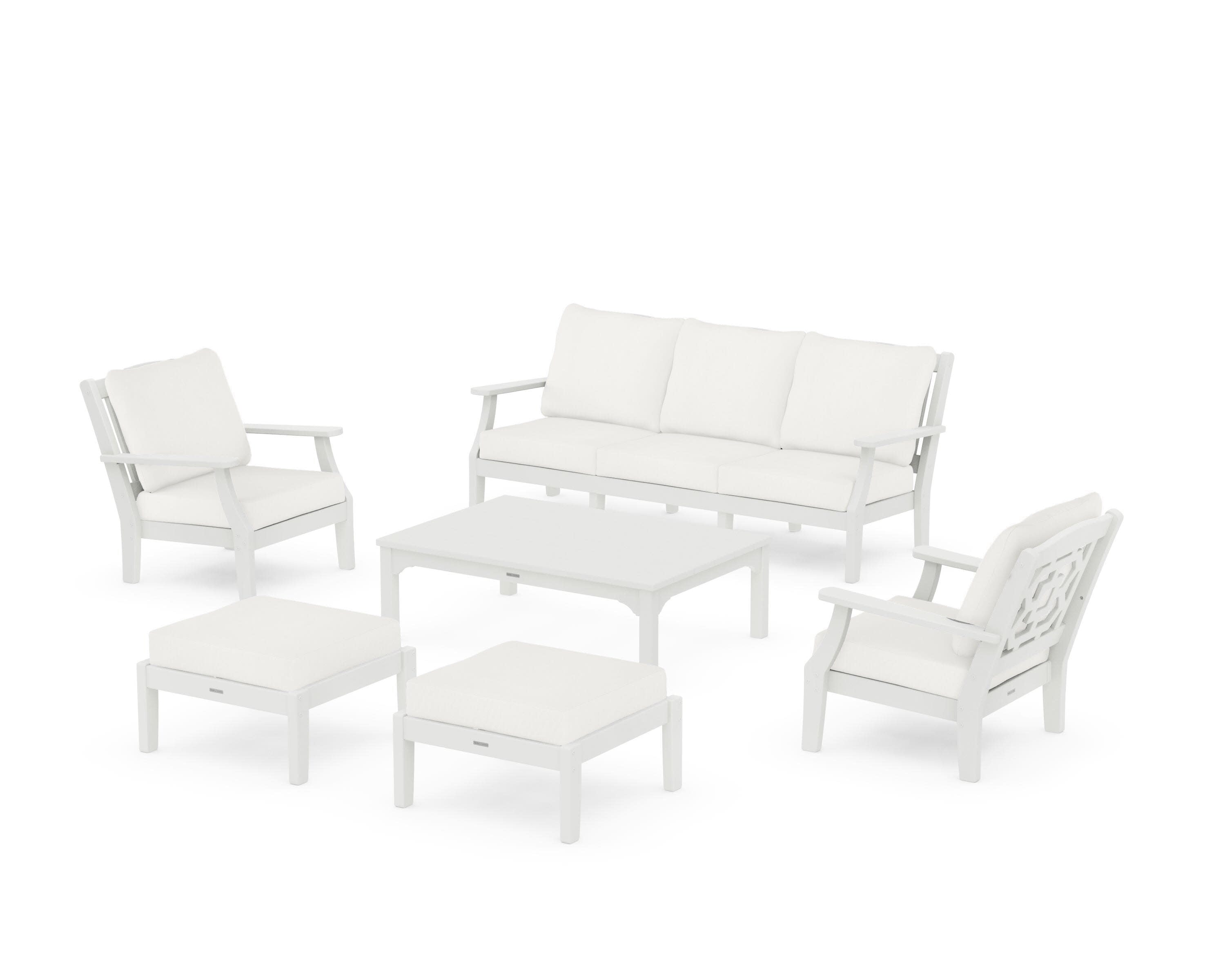 Chinoiserie 6-Piece Lounge Sofa Set in Vintage White / Natural Linen