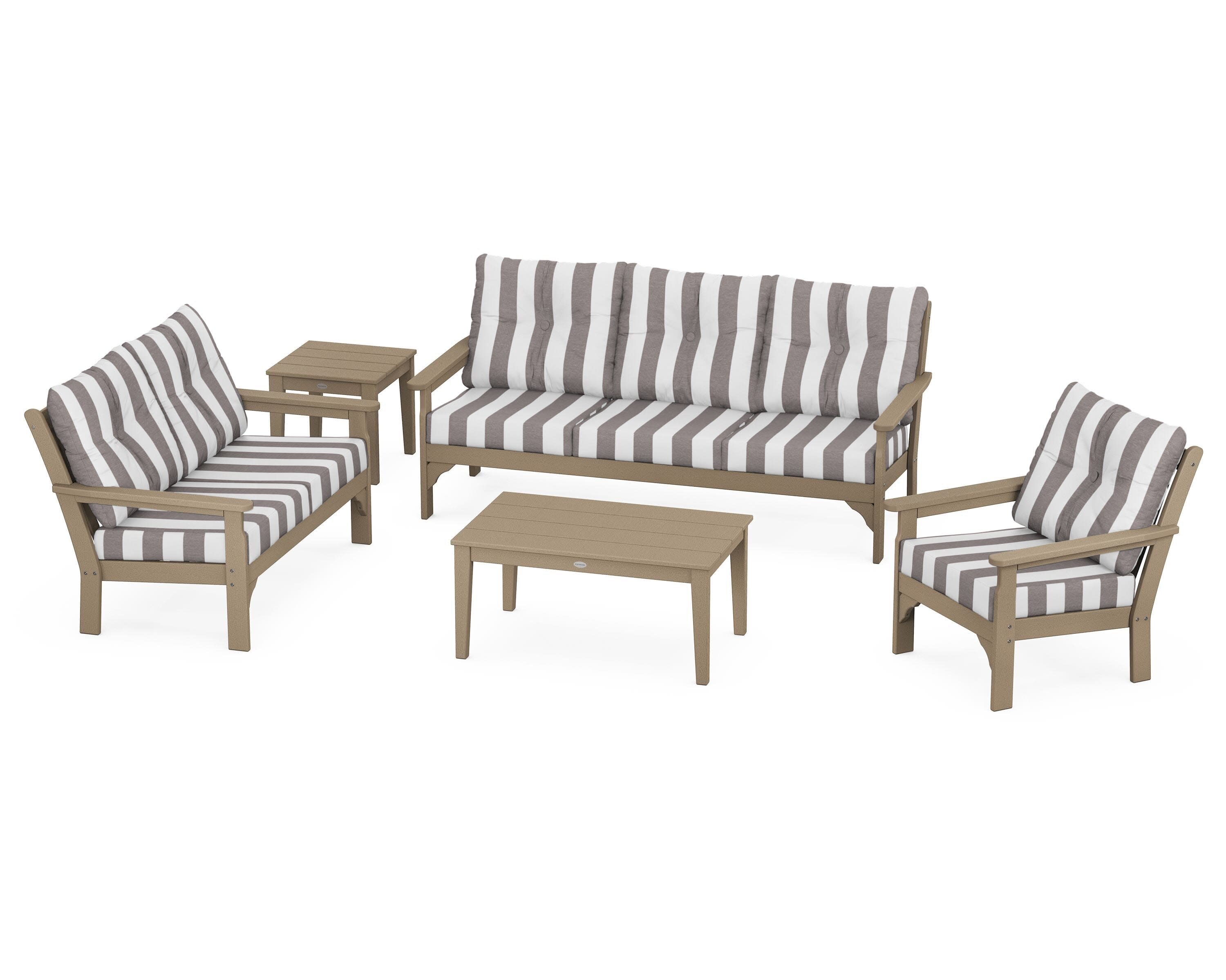 Vineyard 5 Piece Deep Seating Set in Vintage Sahara / Cabana Stripe Grey Mist