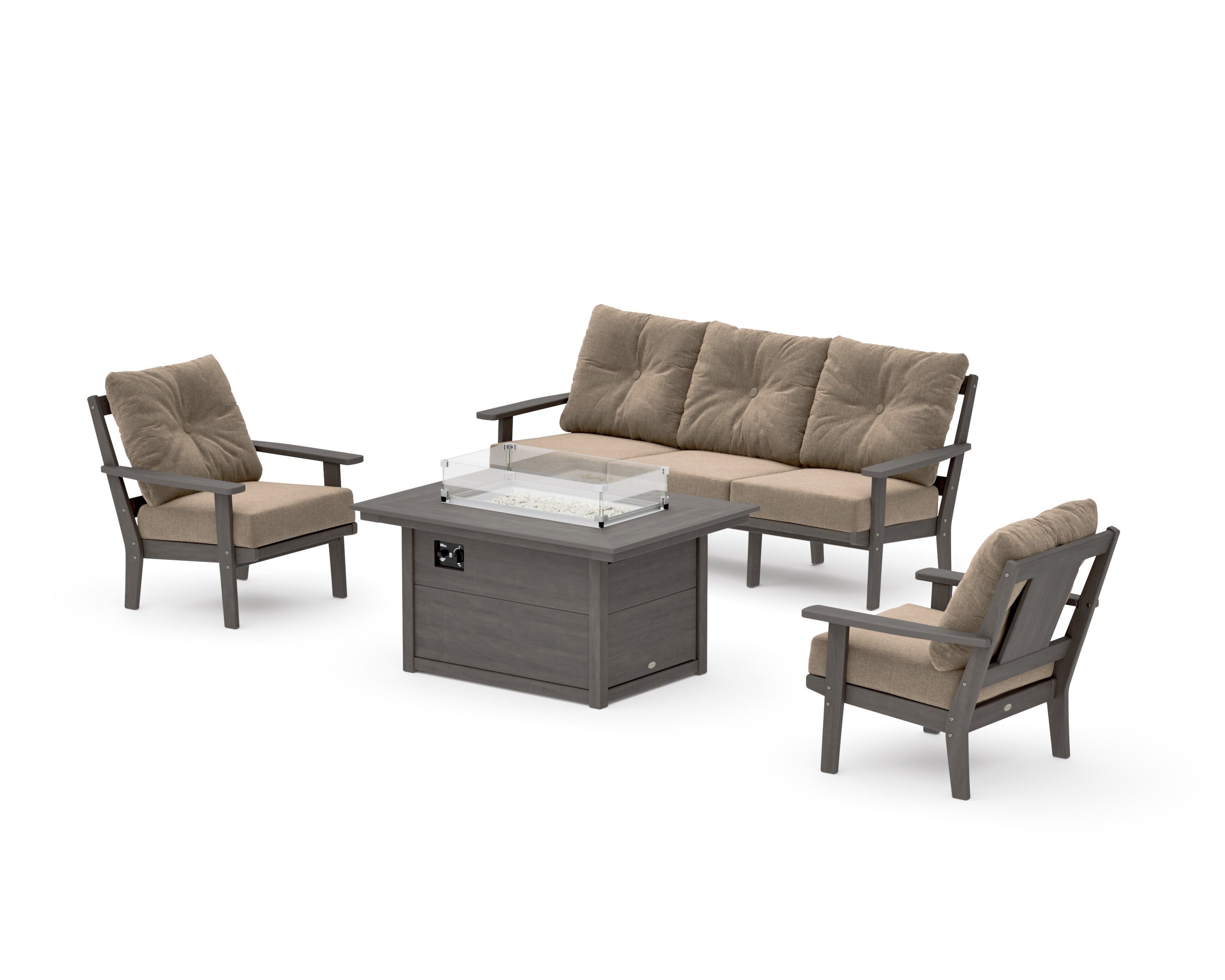 Prairie Deep Seating Fire Pit Table Set in Driftwood / Spiced Burlap