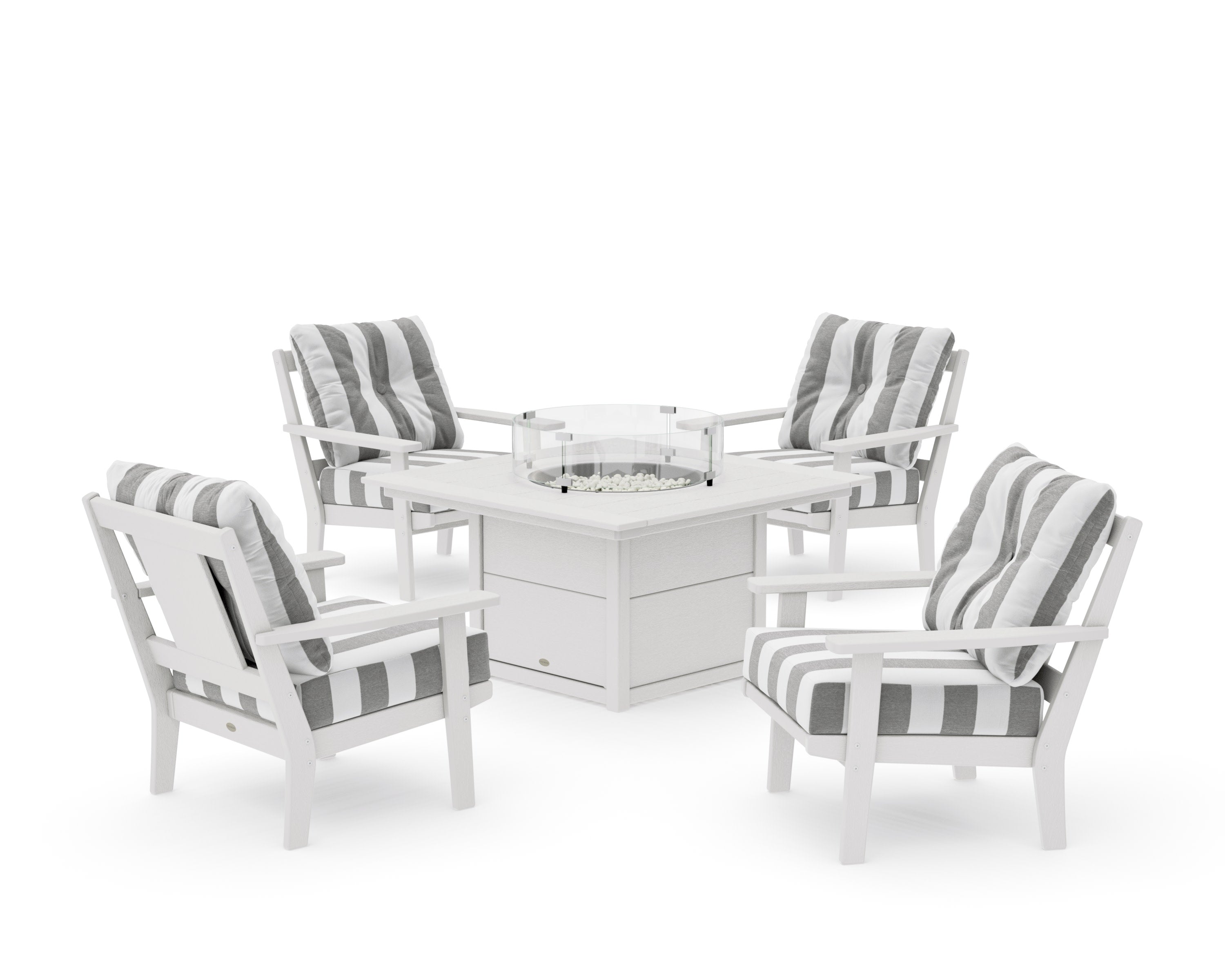Prairie 5-Piece Deep Seating Set with Fire Pit Table in Vintage White / Cabana Stripe Grey Mist