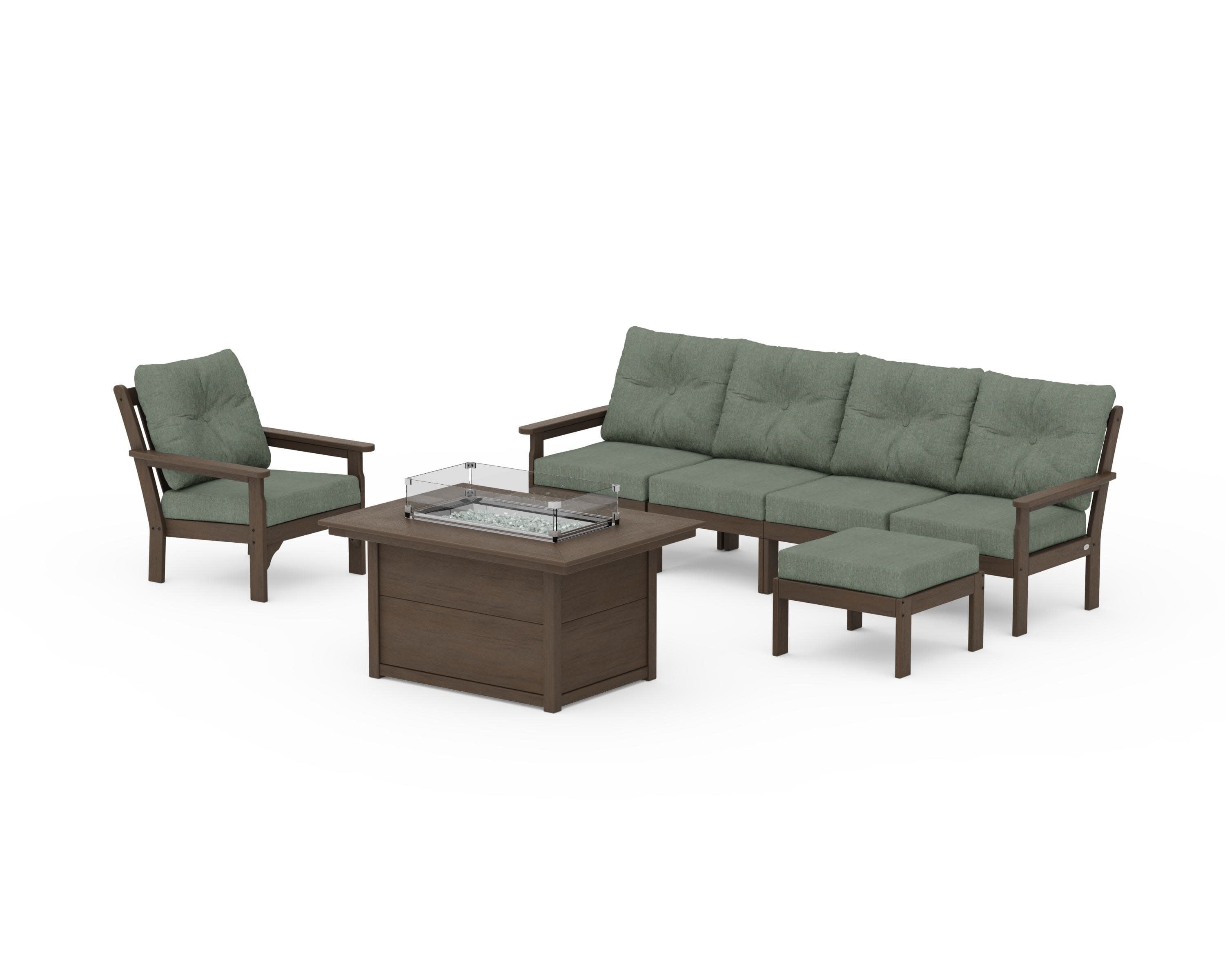 Vineyard Sectional Lounge and Fire Pit Set in Kona / Cast Sage
