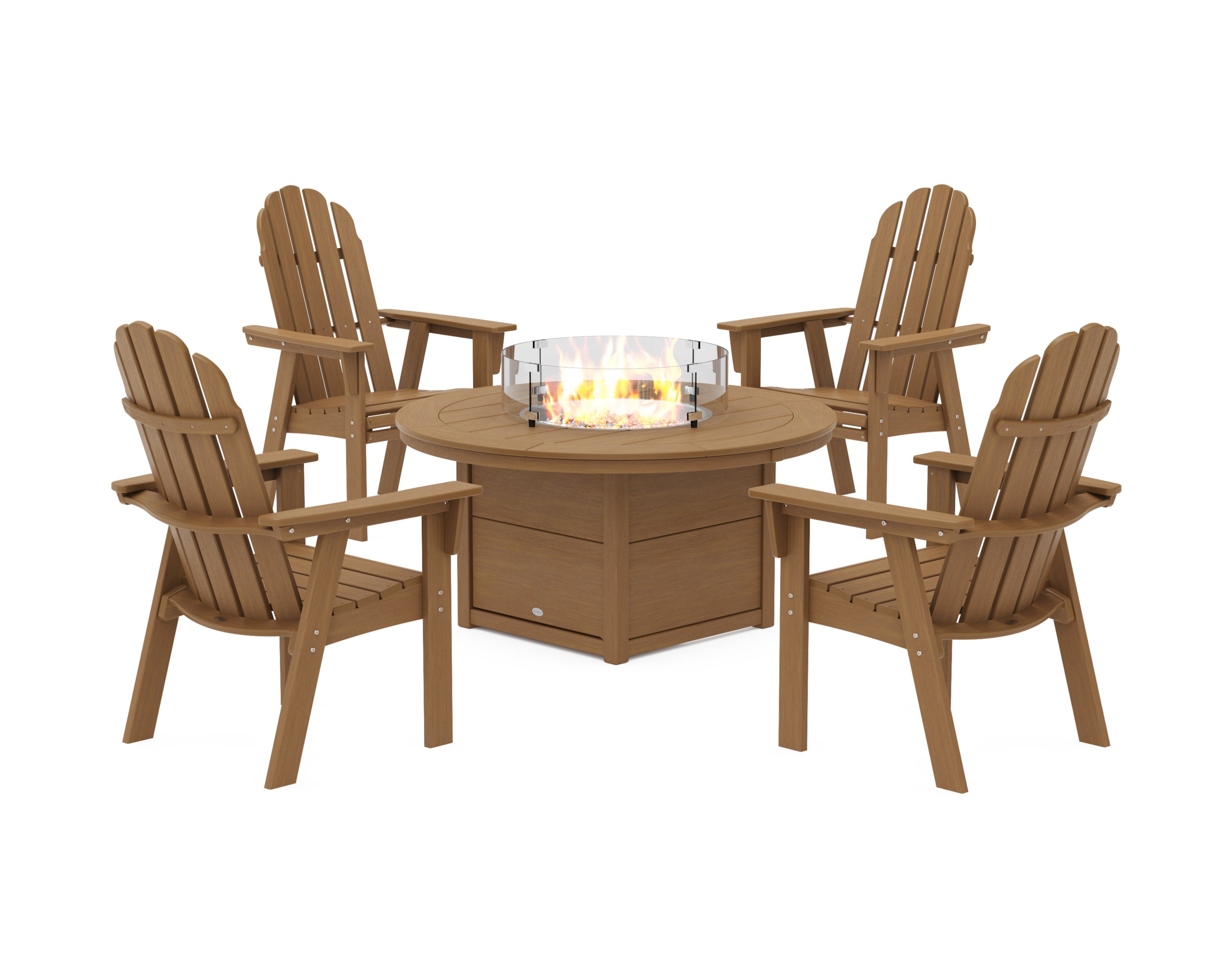 Vineyard 4-Piece Curveback Upright Adirondack Conversation Set with Fire Pit Table in Natural