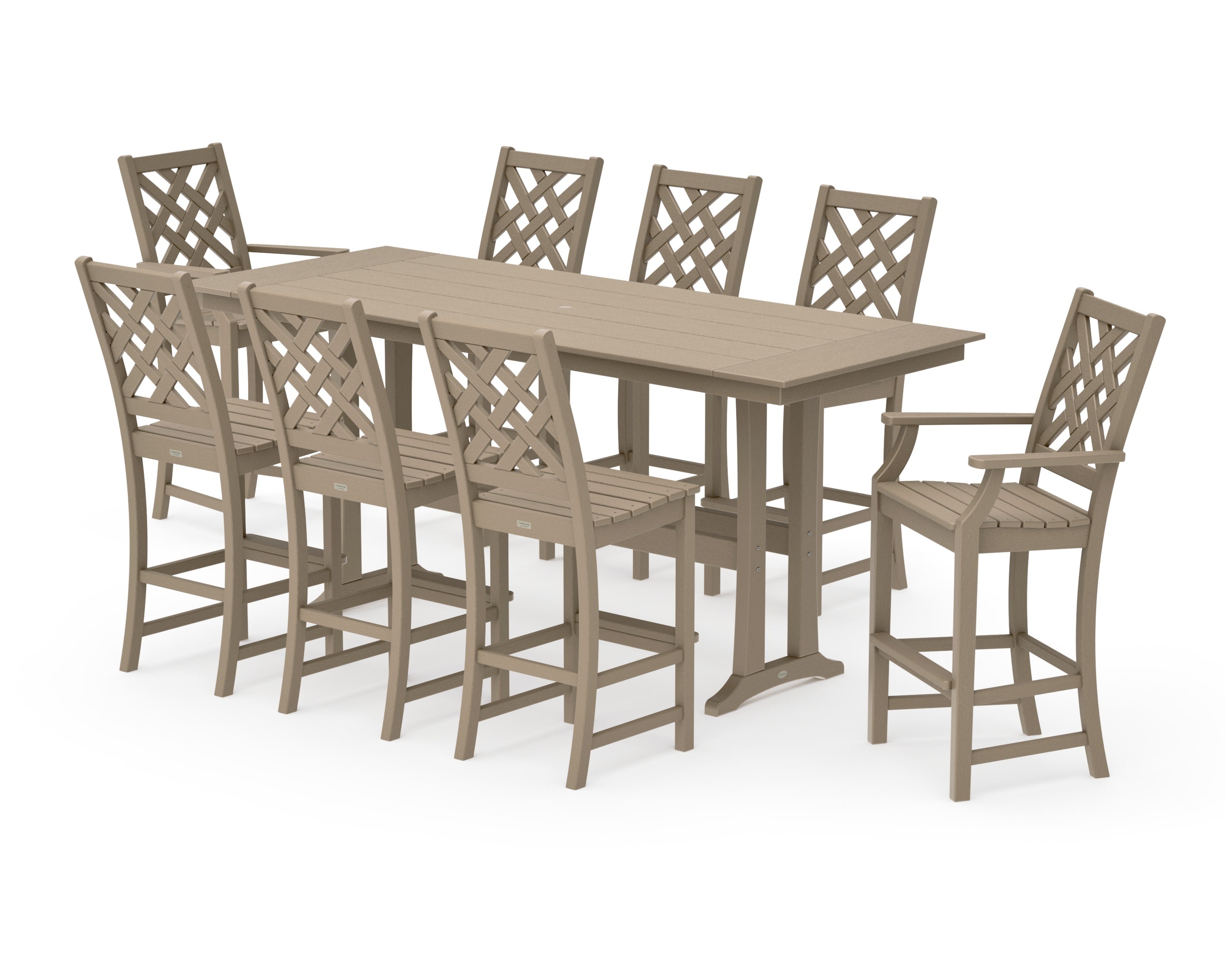 Wovendale 9-Piece Farmhouse Bar Set with Trestle Legs in Vintage Sahara