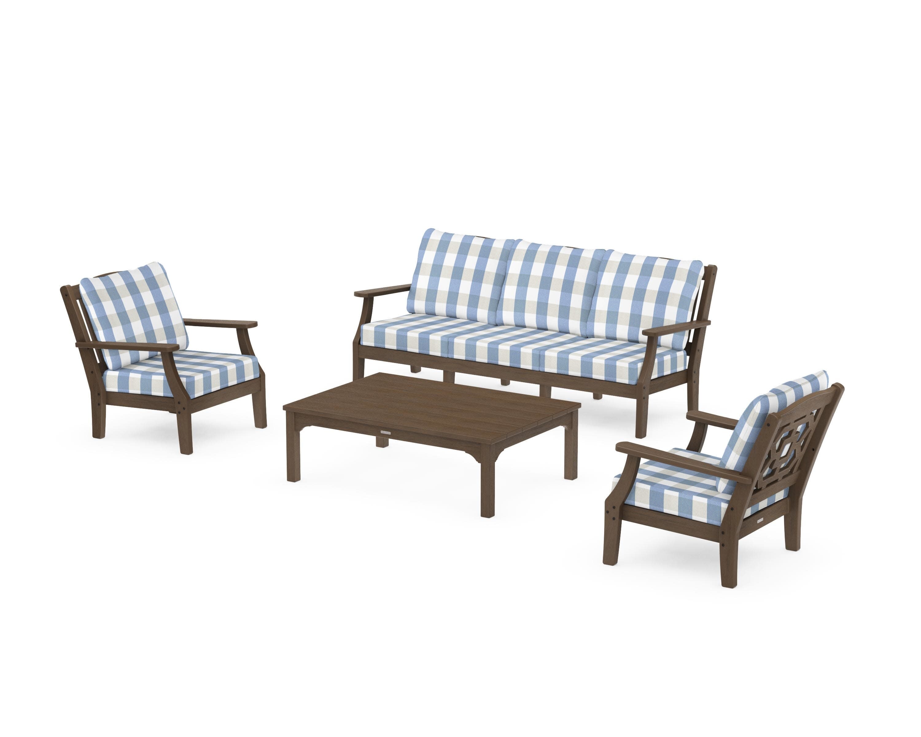 Chinoiserie 4-Piece Deep Seating Set with Sofa in Kona / Buffalo Plaid Sky Blue
