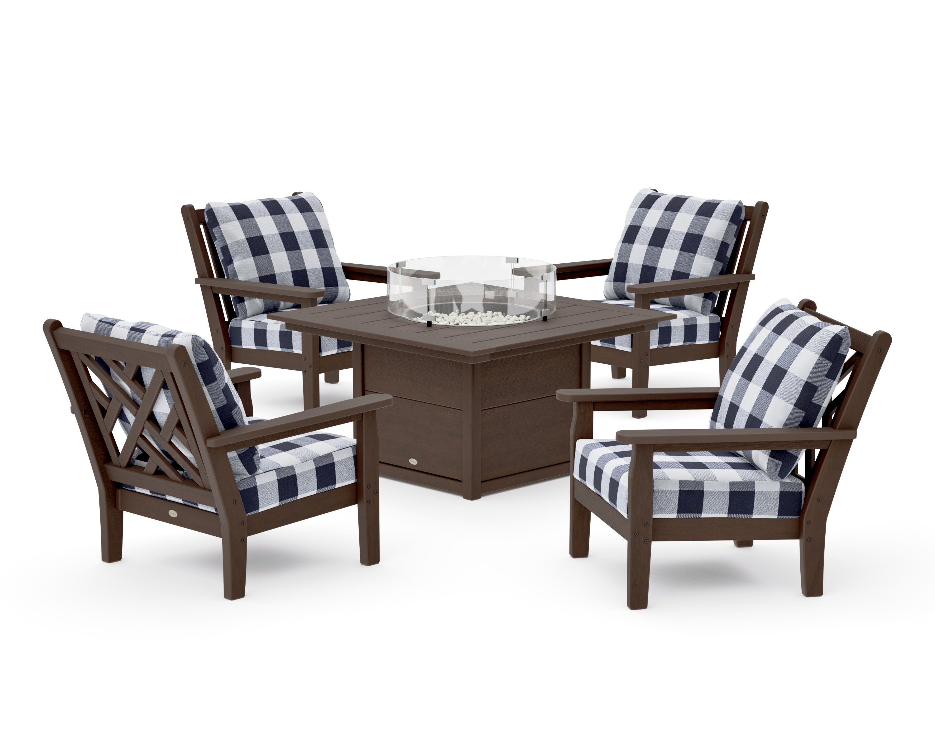 Chippendale 5-Piece Deep Seating Set with Fire Pit Table in Kona / Buffalo Plaid Navy