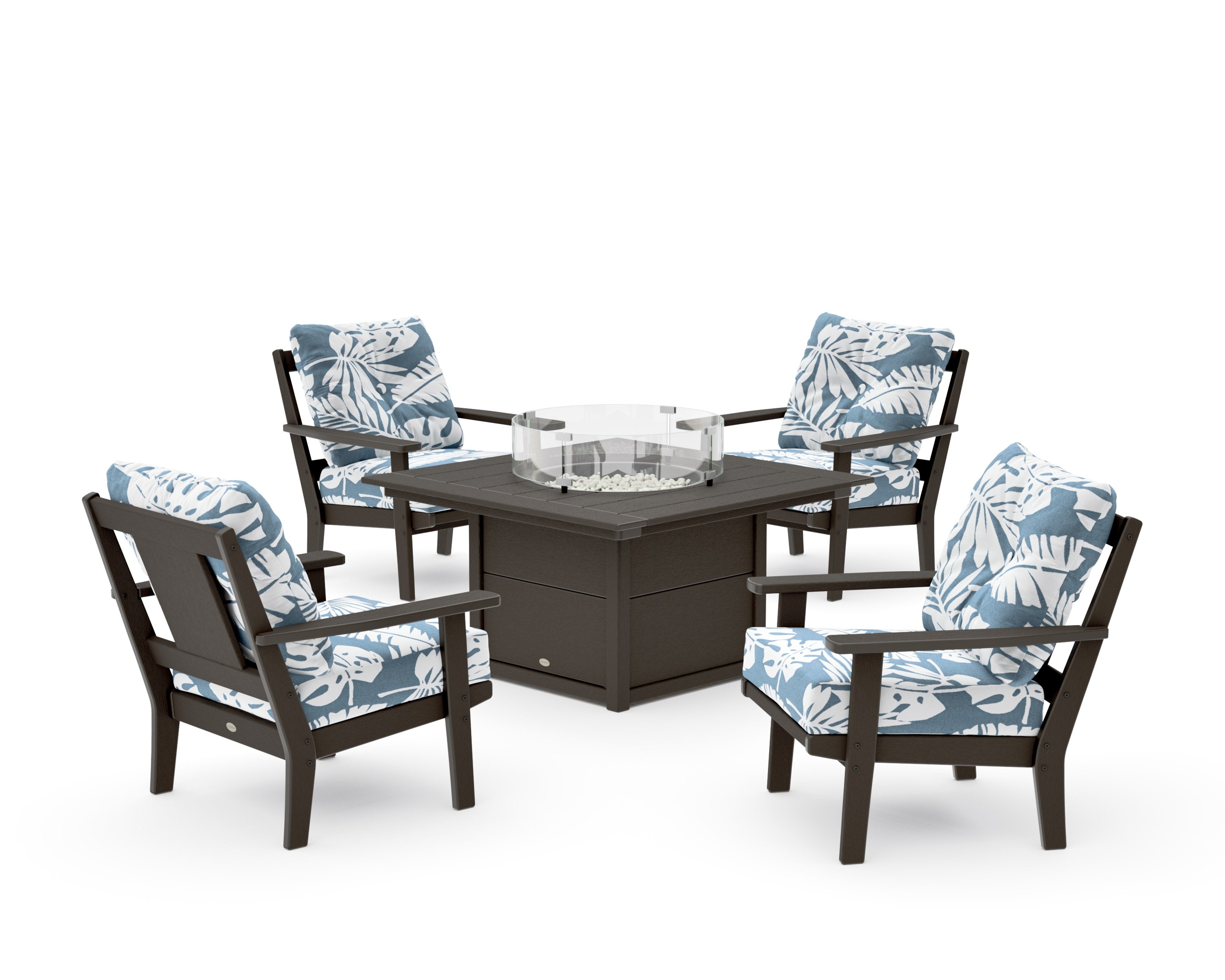 Prairie 5-Piece Deep Seating Set with Fire Pit Table in Vintage Coffee / Leaf Sky Blue