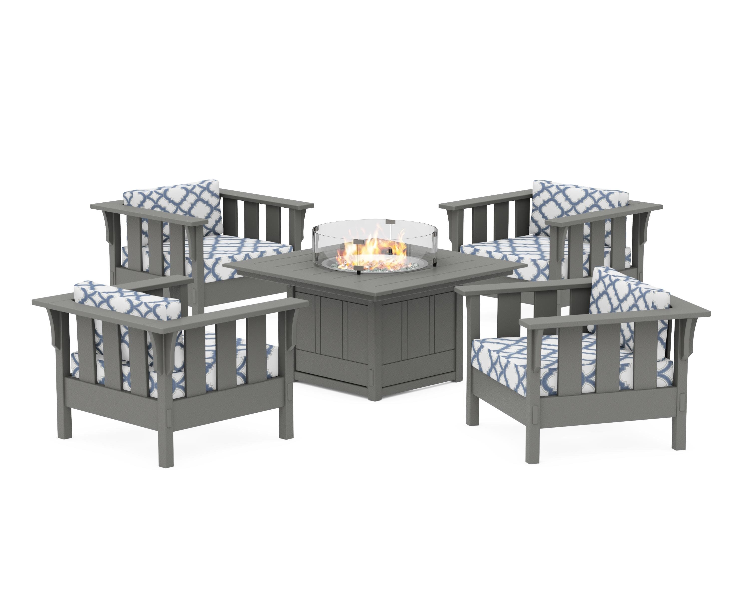 Acadia 5-Piece Deep Seating Set with Fire Pit Table in Slate Grey / Trellis Sky Blue