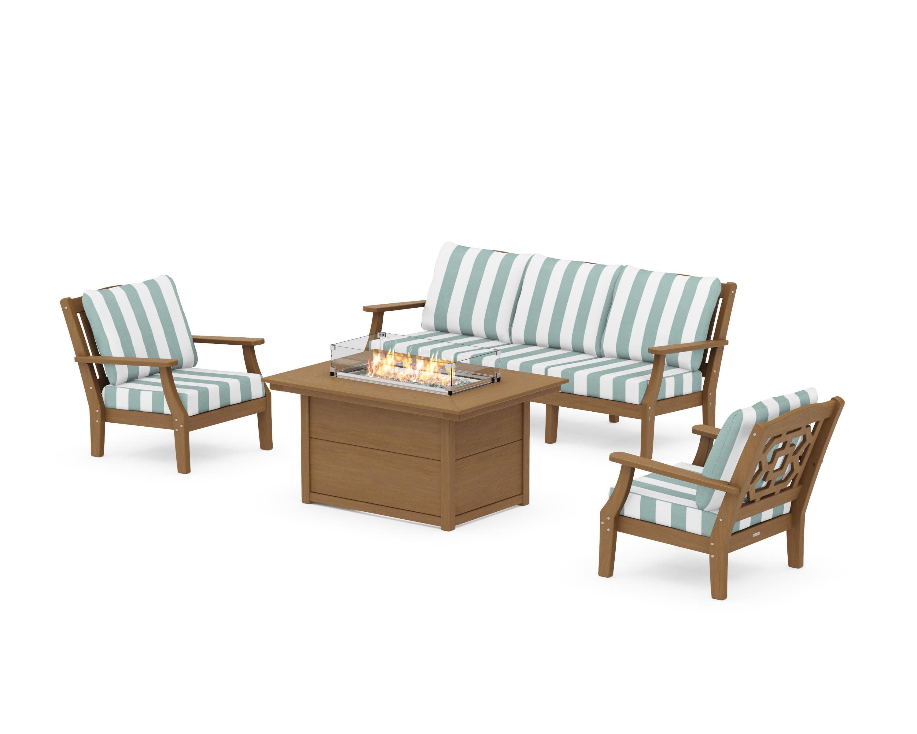 Chinoiserie Deep Seating Fire Pit Table Set in Natural / Cabana Stripe Glacier Spa