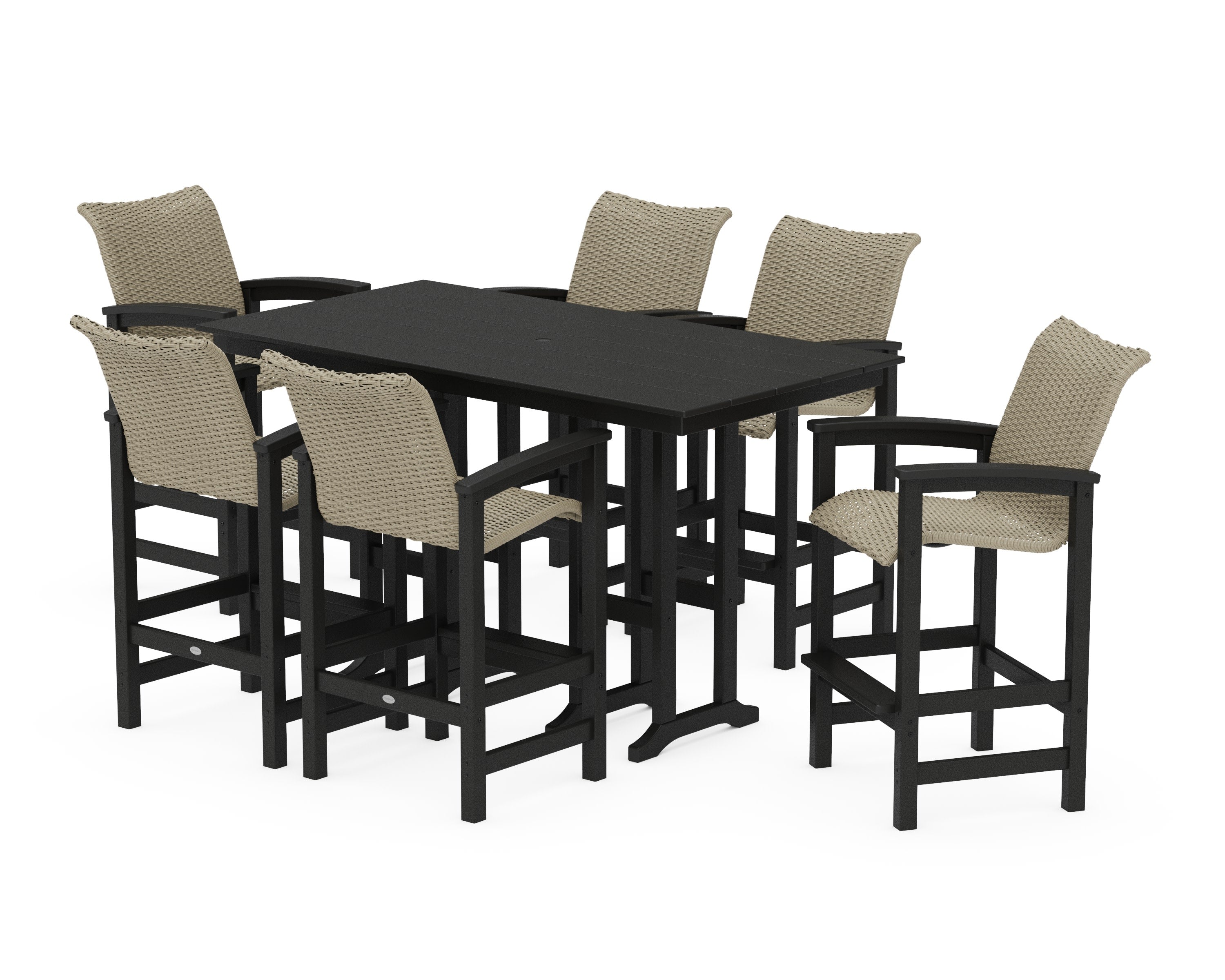 Coastal Woven Arm Chair 7-Piece Farmhouse Bar Set in Black / Dune Grass