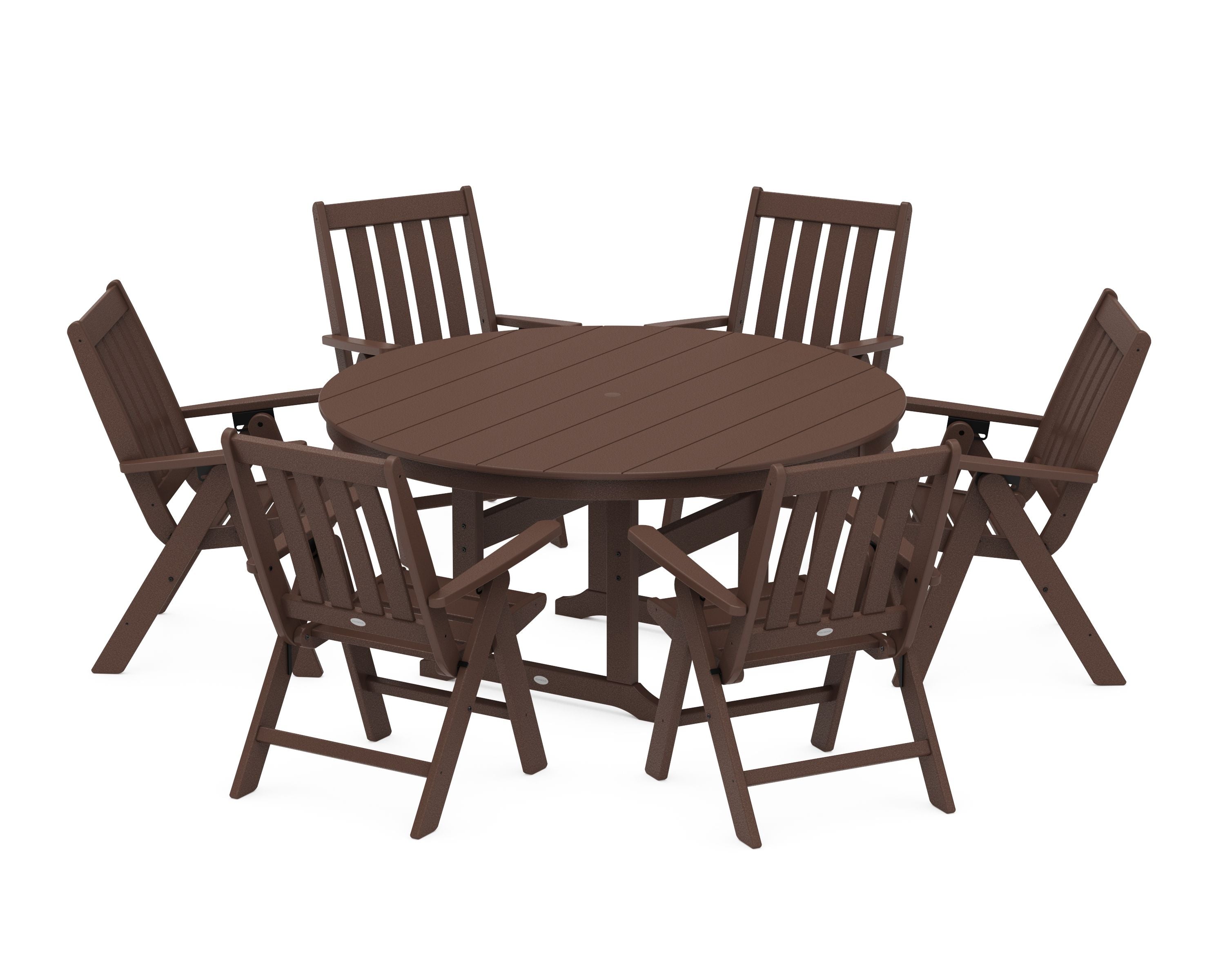 Vineyard 7-Piece Folding Chair Round Farmhouse Dining Set in Mahogany