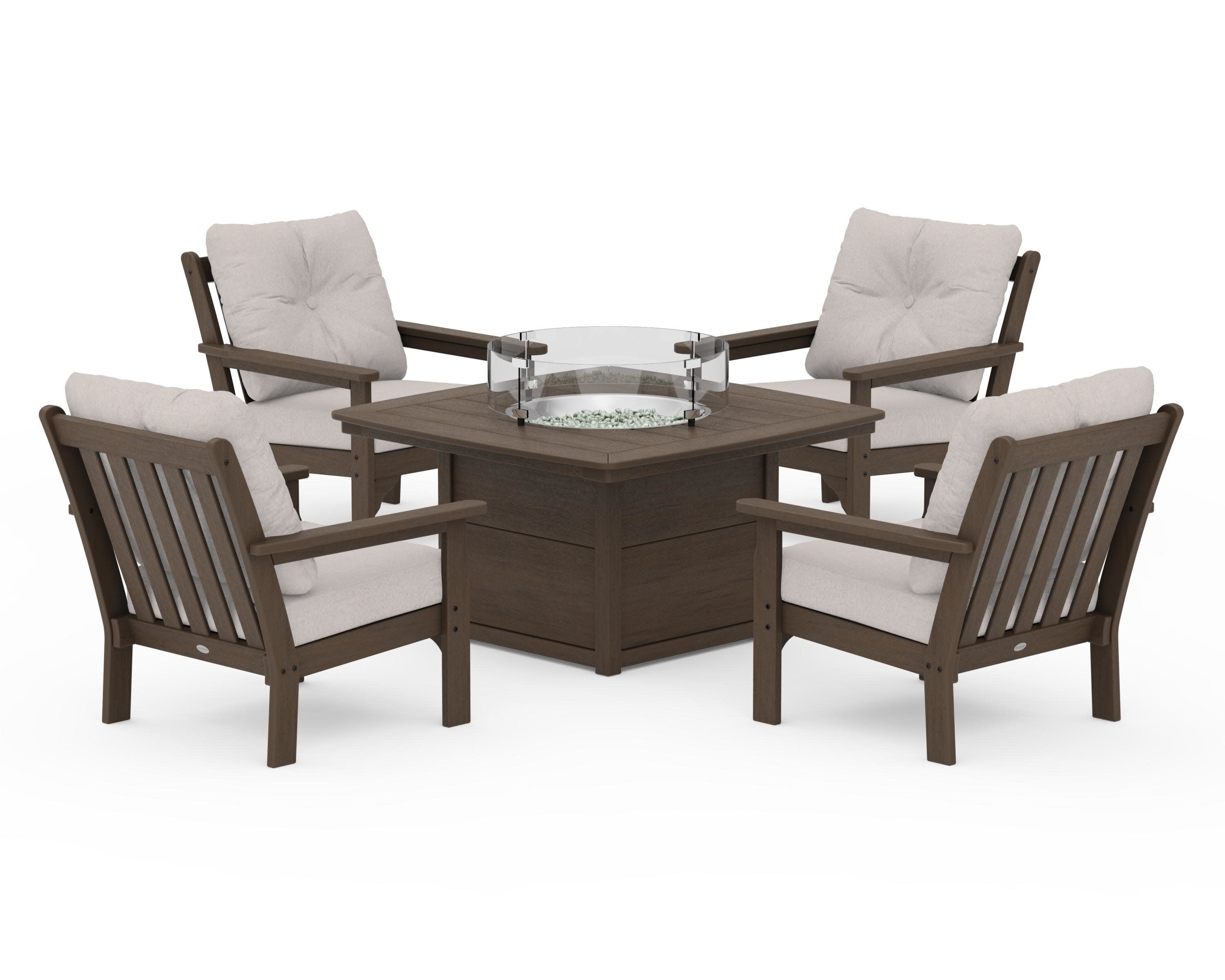 Vineyard 5-Piece Conversation Set with Fire Pit Table in Kona / Dune Burlap