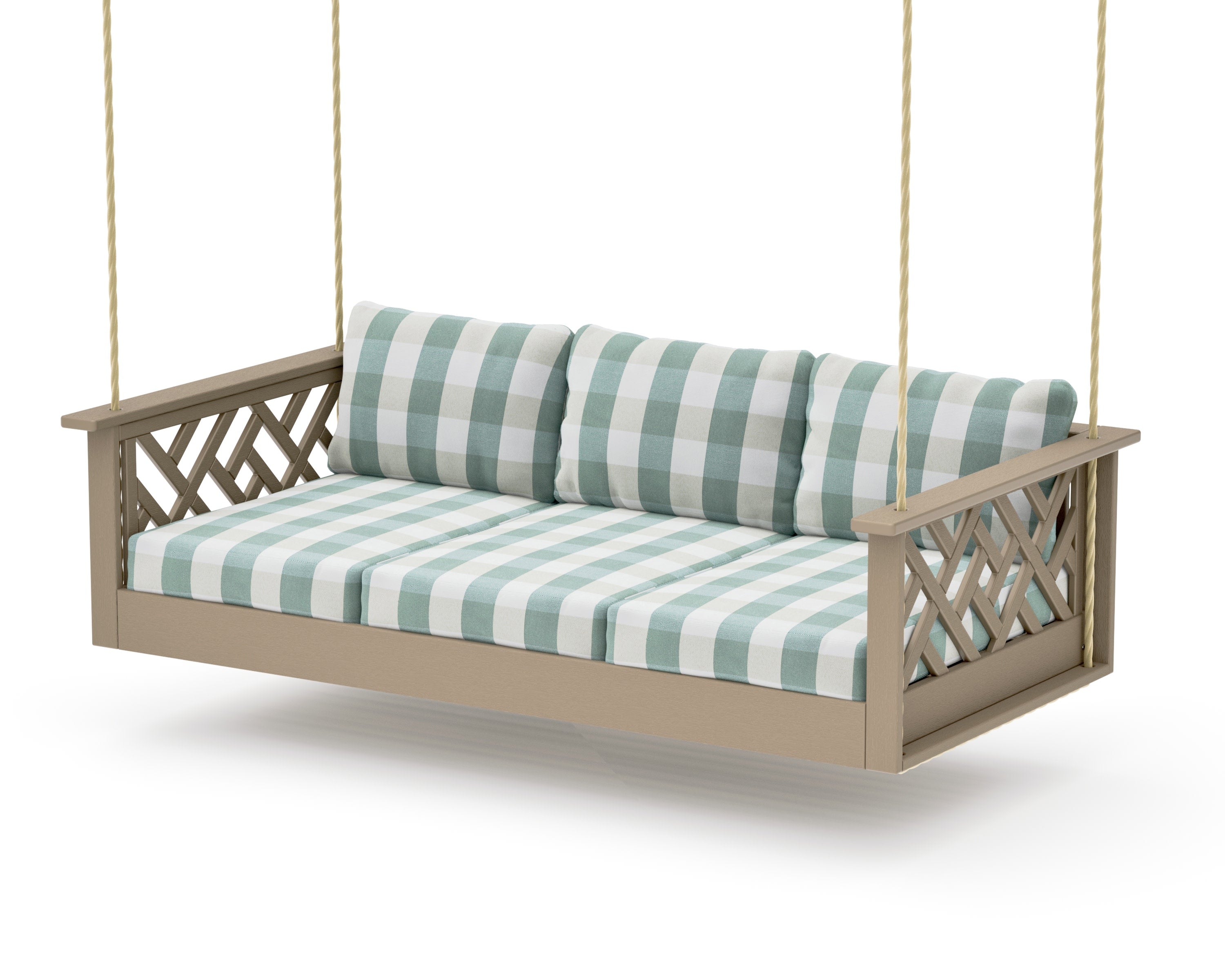 Chippendale Daybed Swing in Vintage Sahara / Buffalo Plaid Glacier Spa