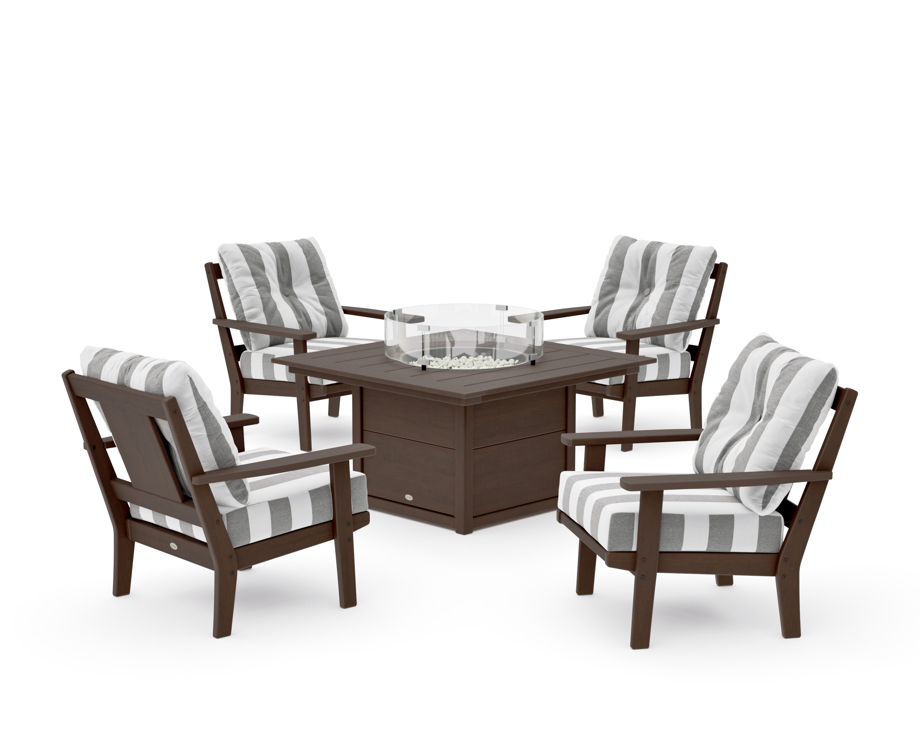 Prairie 5-Piece Deep Seating Set with Fire Pit Table in Kona / Cabana Stripe Grey Mist