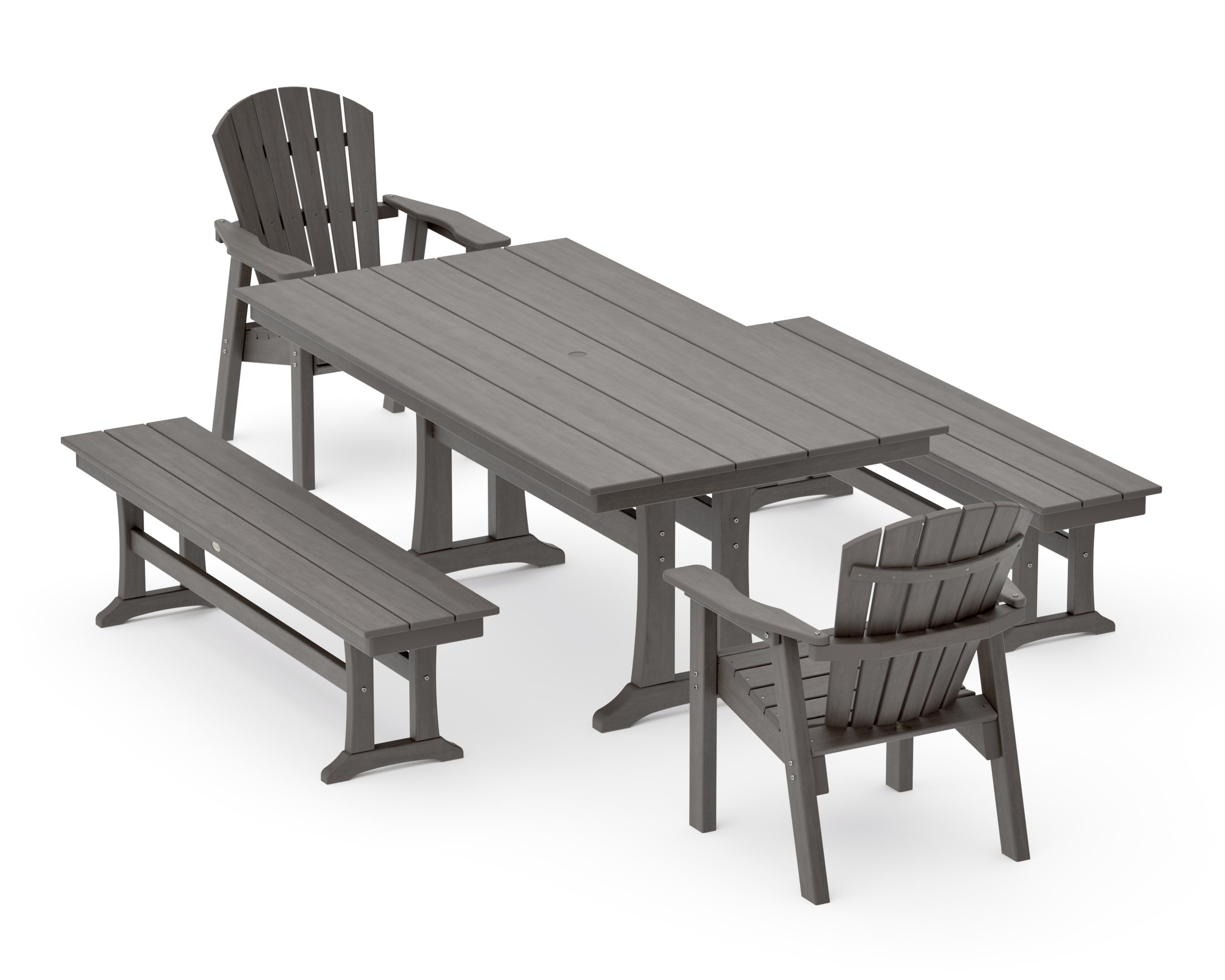 Seashell 5-Piece Farmhouse Dining Set With Trestle Legs in Driftwood