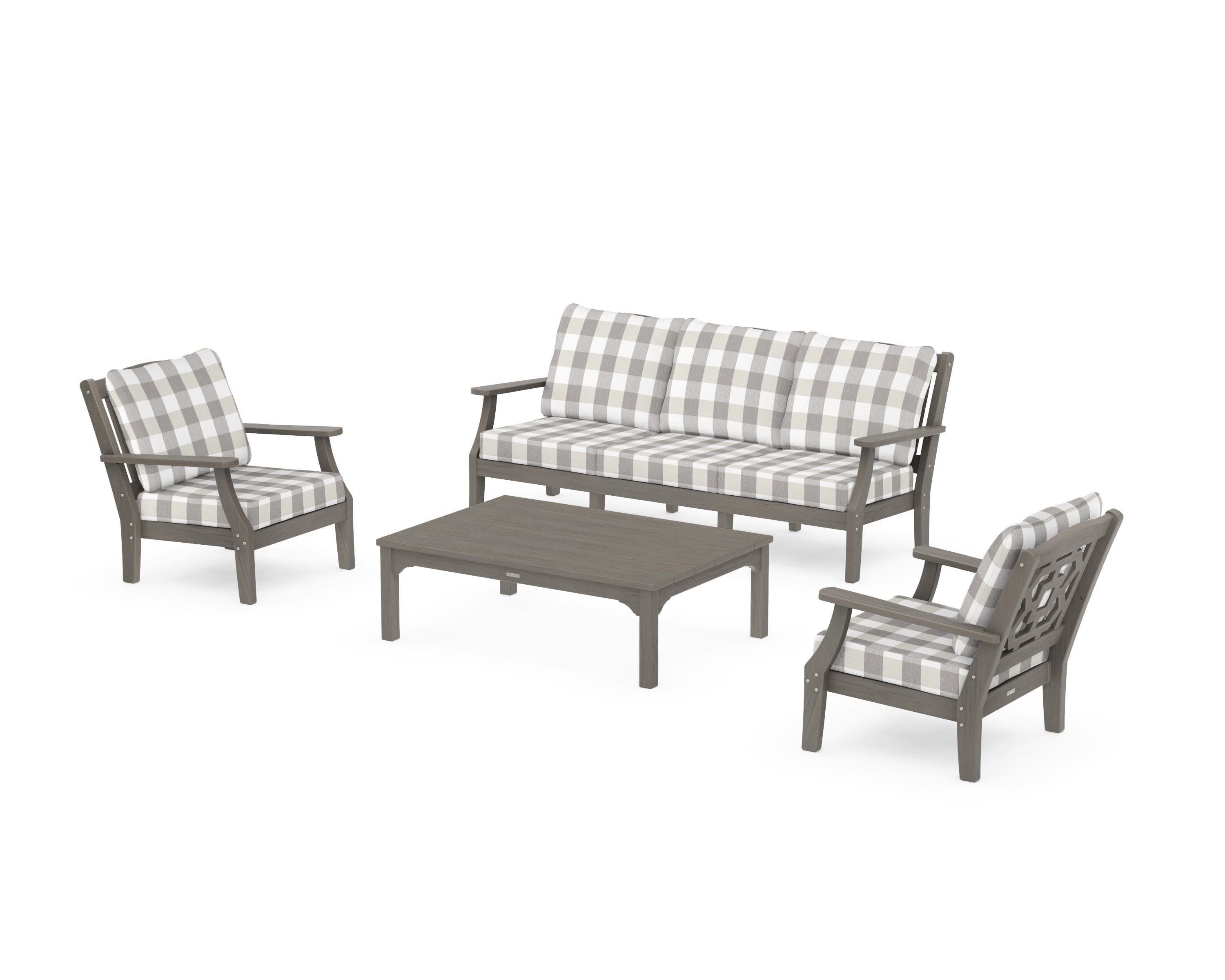 Chinoiserie 4-Piece Deep Seating Set with Sofa in Driftwood / Buffalo Plaid Grey Mist
