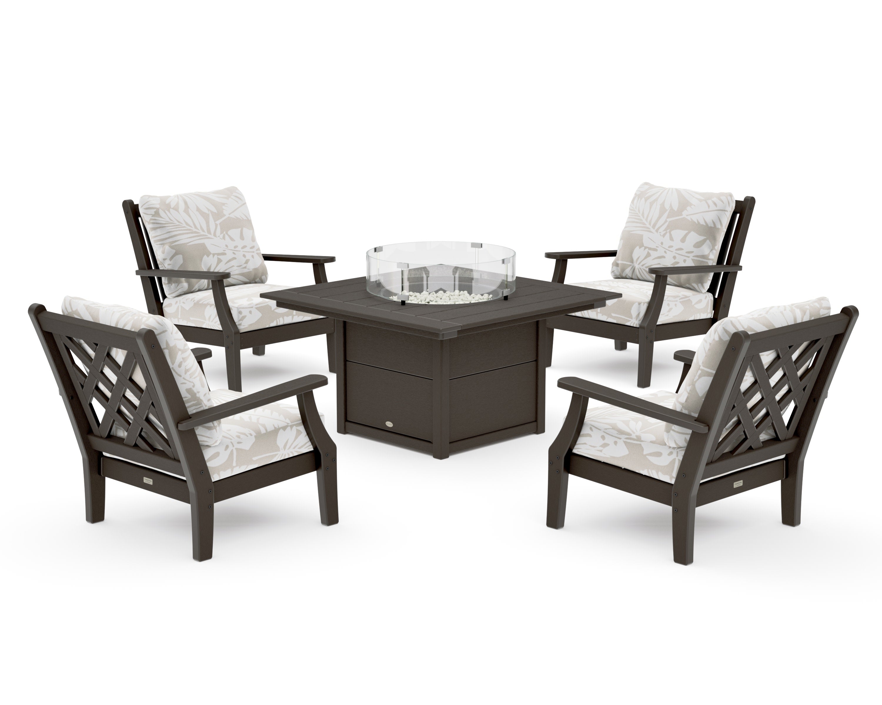 Wovendale 5-Piece Deep Seating Set with Fire Pit Table in Vintage Coffee / Leaf Dune Burlap