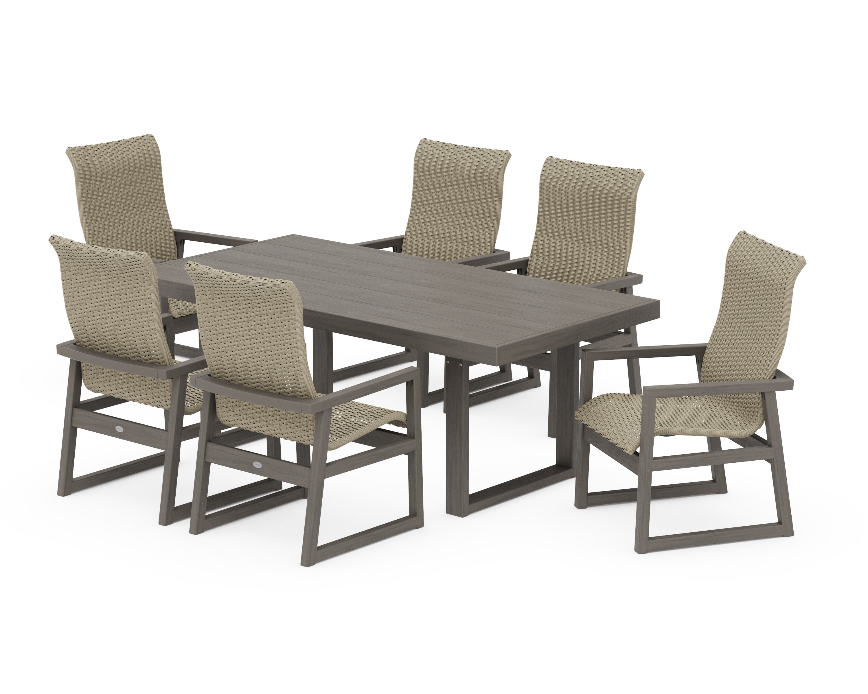 EDGE Woven Highback Arm Chair 7-Piece Dining Set in Driftwood / Dune Grass