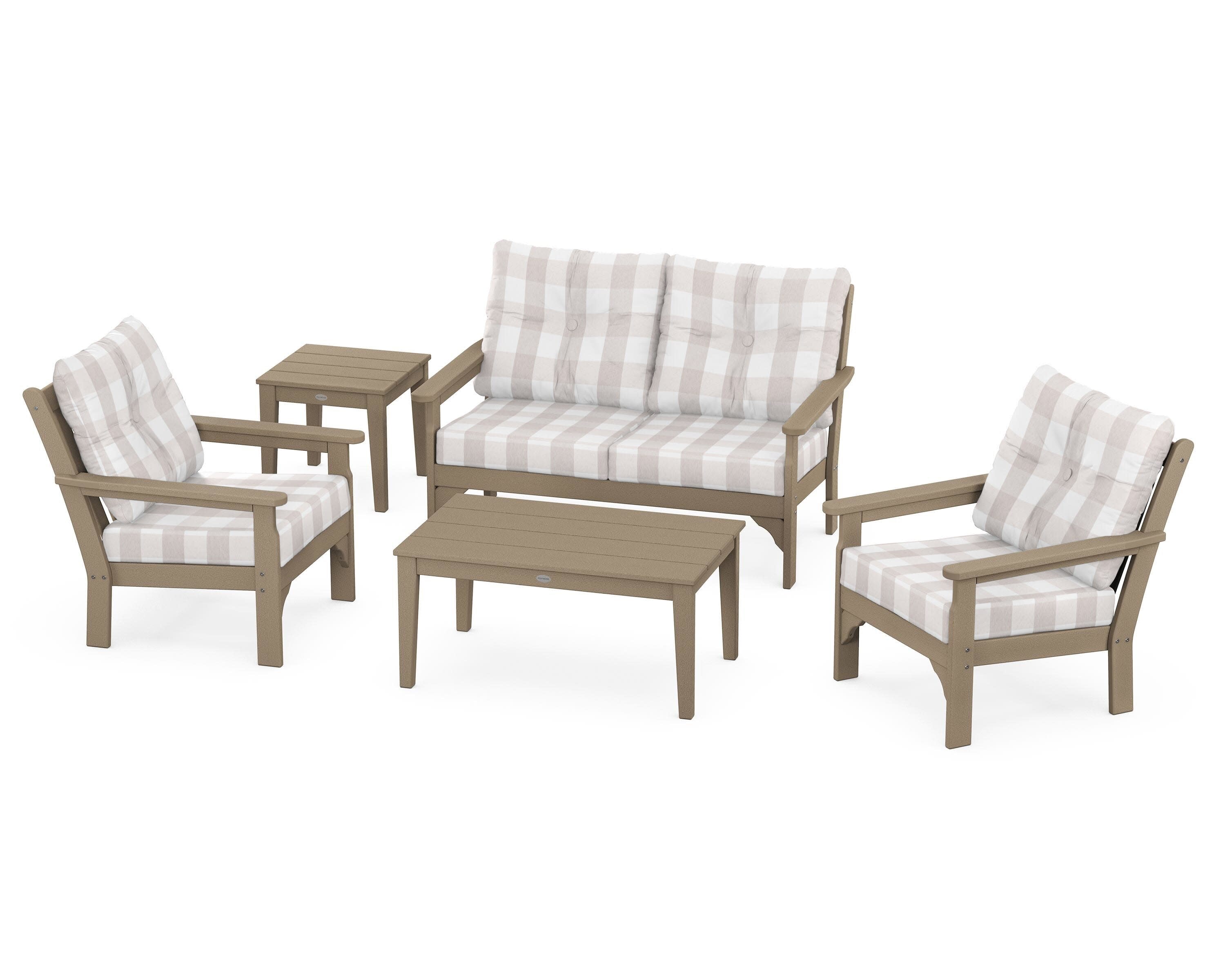 Vineyard 5-Piece Deep Seating Set in Vintage Sahara / Buffalo Plaid Dune Burlap