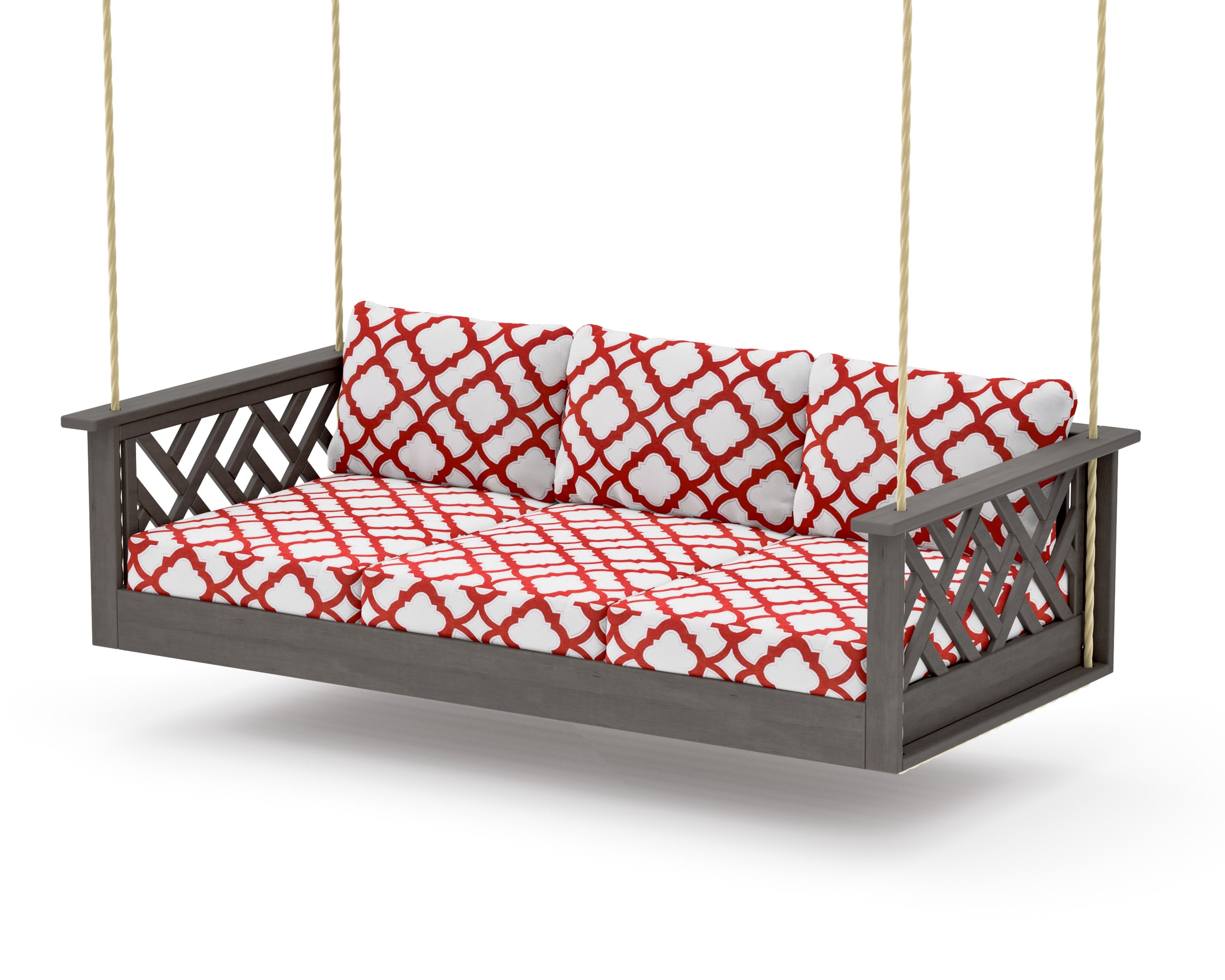 Chippendale Daybed Swing in Driftwood / Trellis Crimson