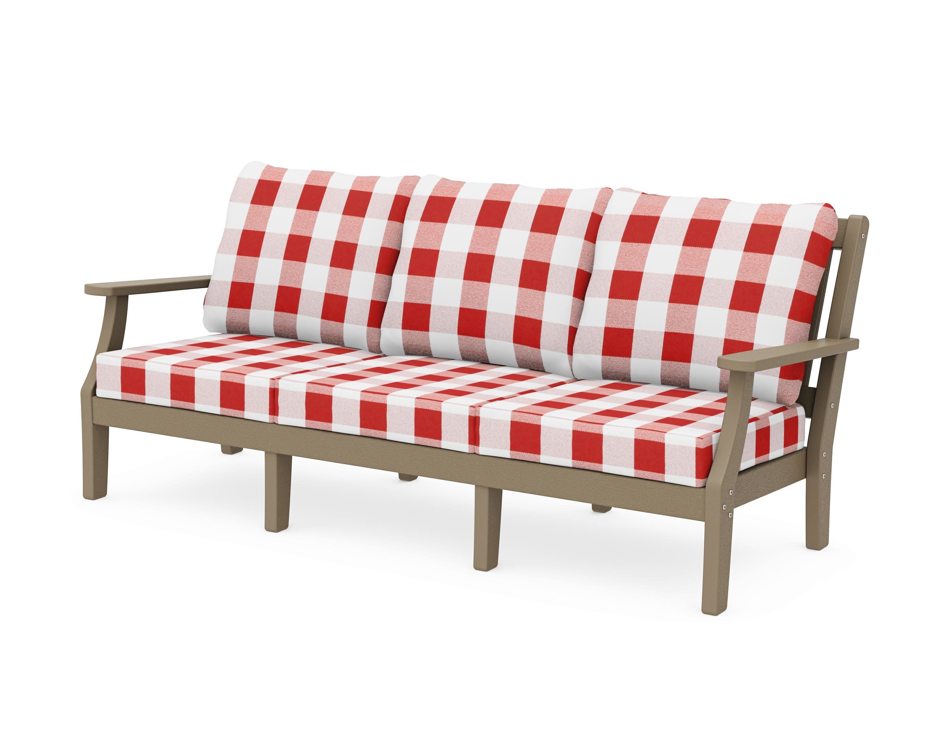 Chinoiserie Deep Seating Sofa in Vintage Sahara / Buffalo Plaid Crimson