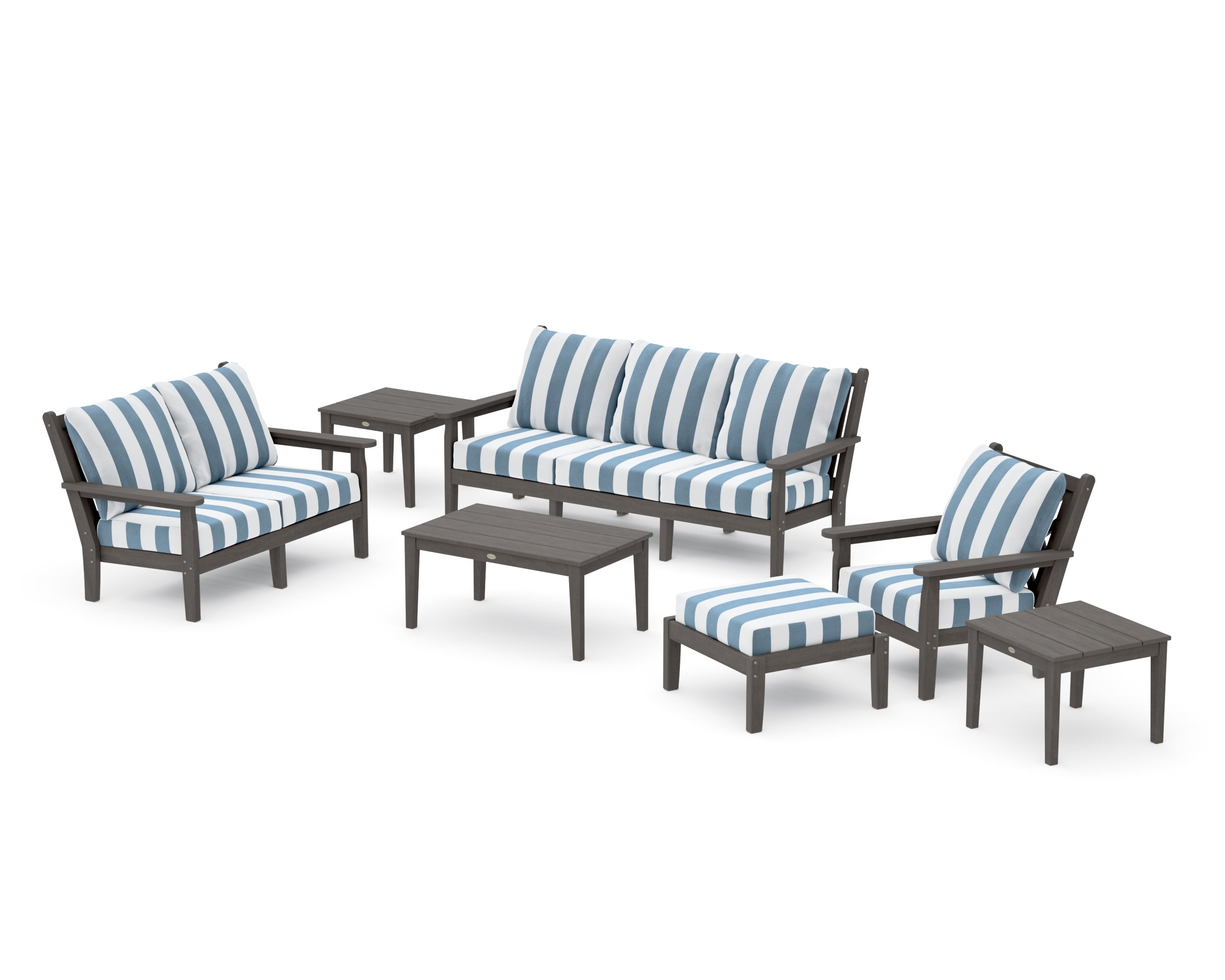 Chippendale 7-Piece Deep Seating Set in Driftwood / Cabana Stripe Sky Blue