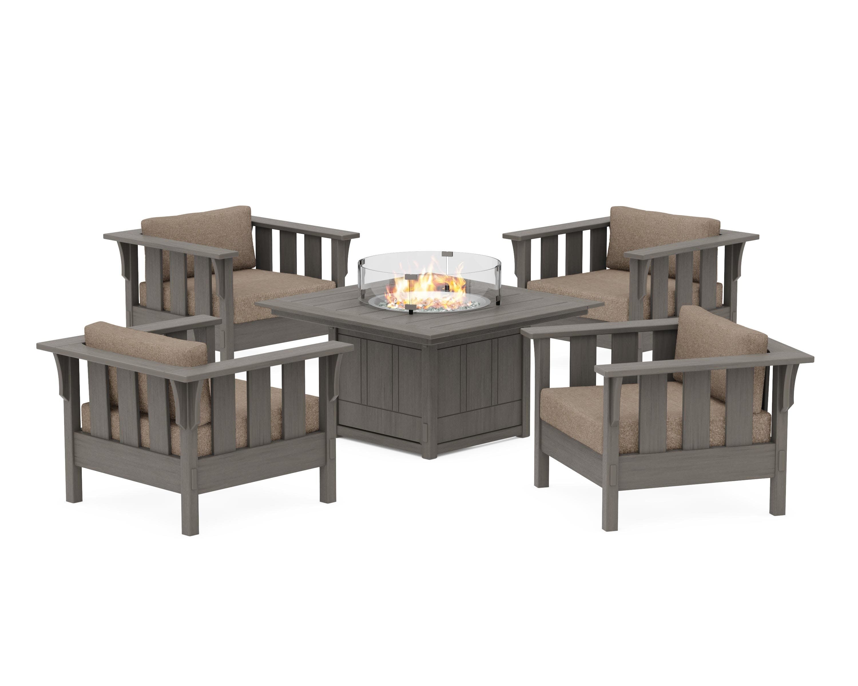 Acadia 5-Piece Deep Seating Set with Fire Pit Table in Driftwood / Spiced Burlap