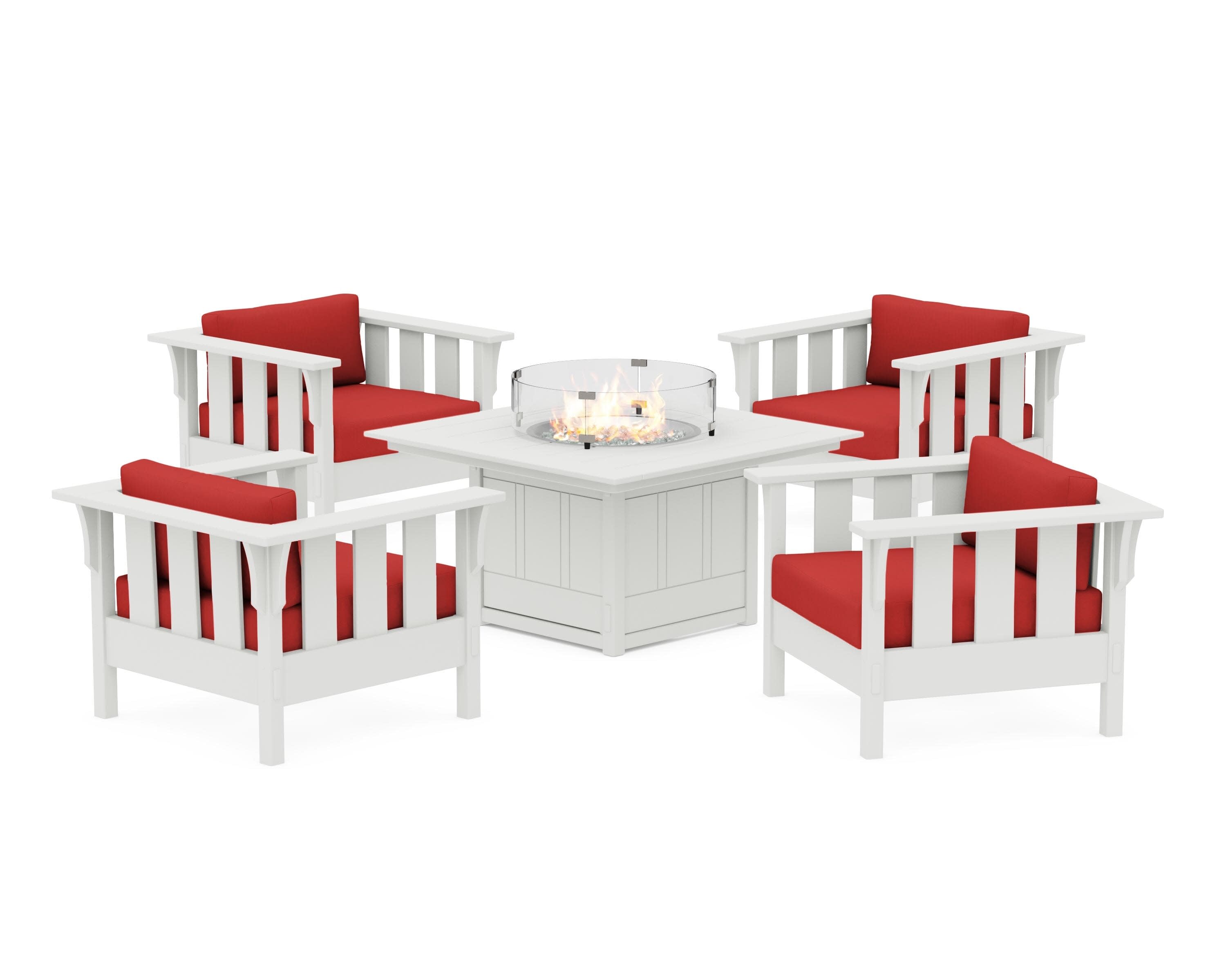 Acadia 5-Piece Deep Seating Set with Fire Pit Table in Vintage White / Crimson Linen