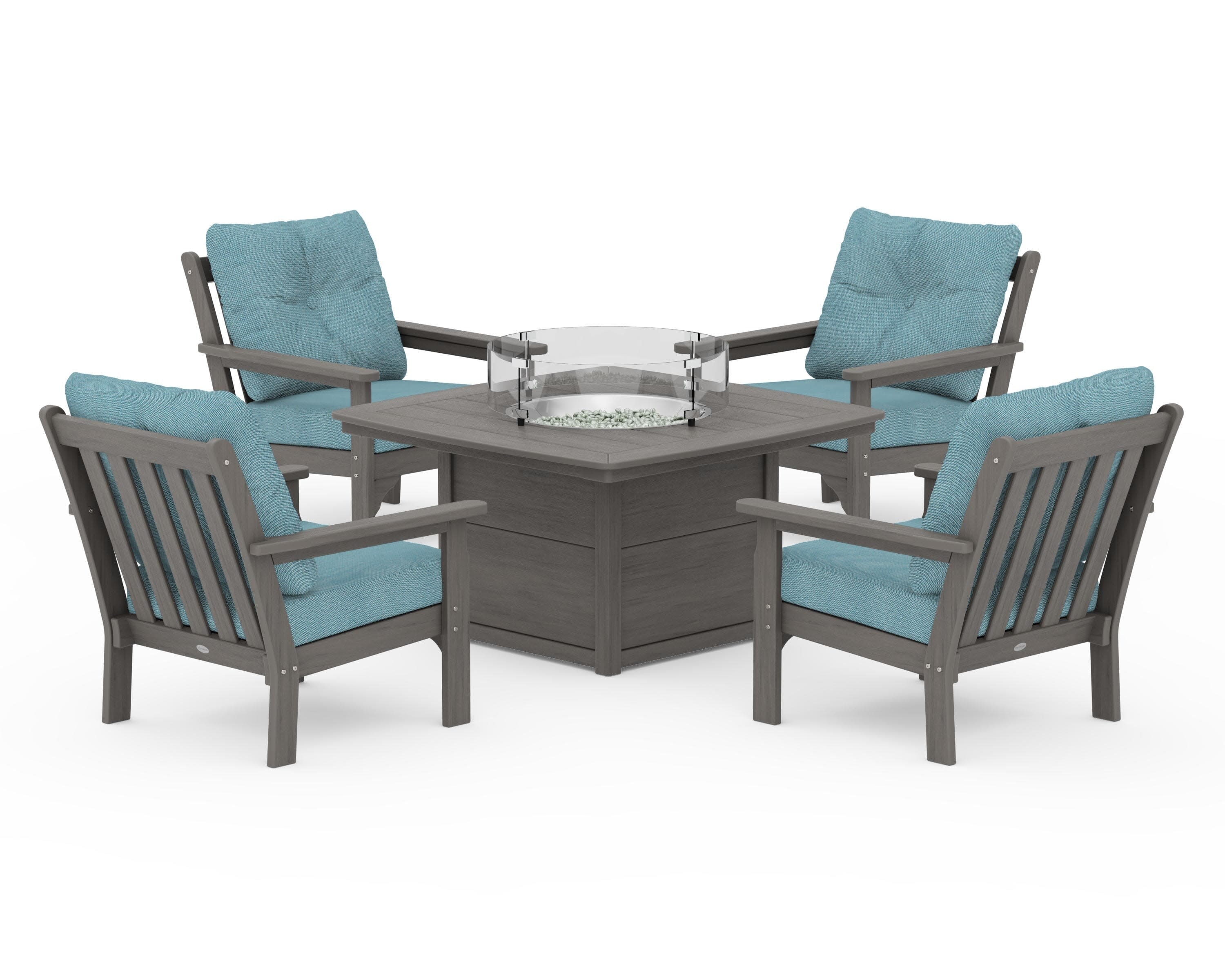 Vineyard 5-Piece Conversation Set with Fire Pit Table in Driftwood / Lattice Sky Blue