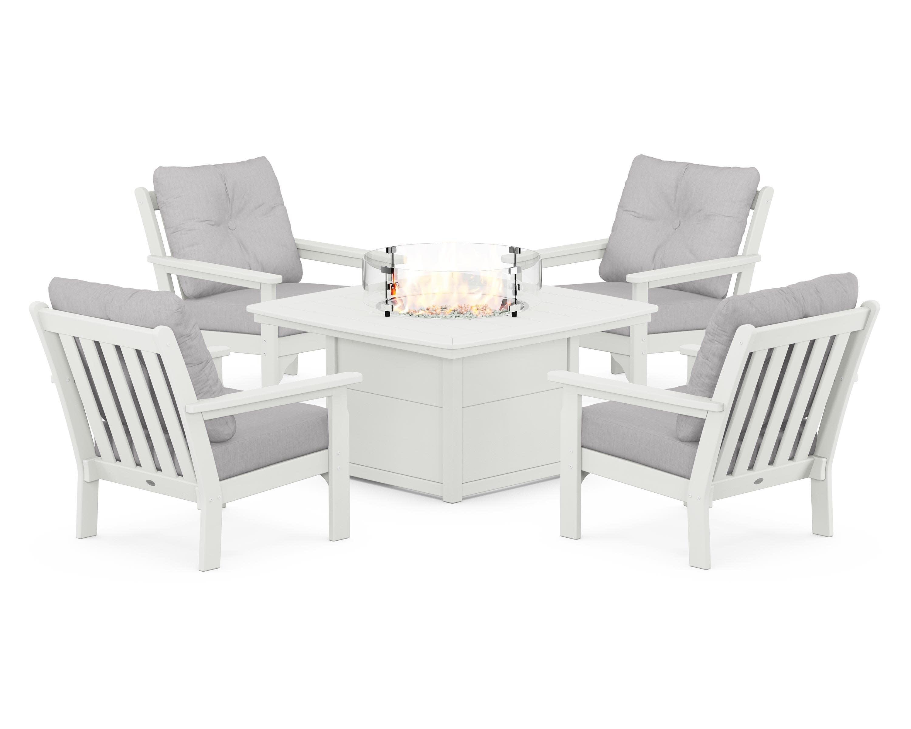 Vineyard 5-Piece Conversation Set with Fire Pit Table in Vintage White / Granite