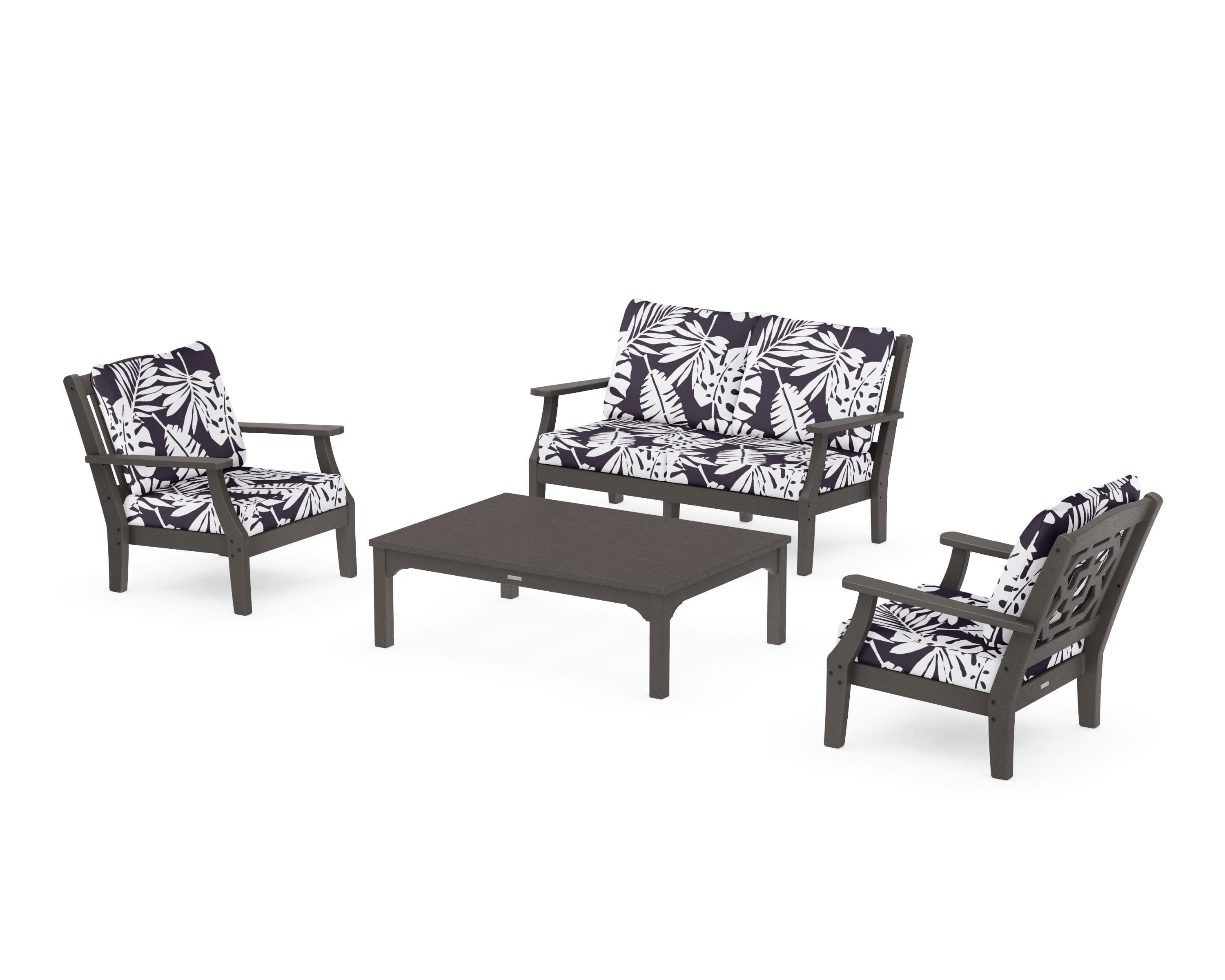Chinoiserie 4-Piece Deep Seating Set with Loveseat in Vintage Coffee / Leaf Navy