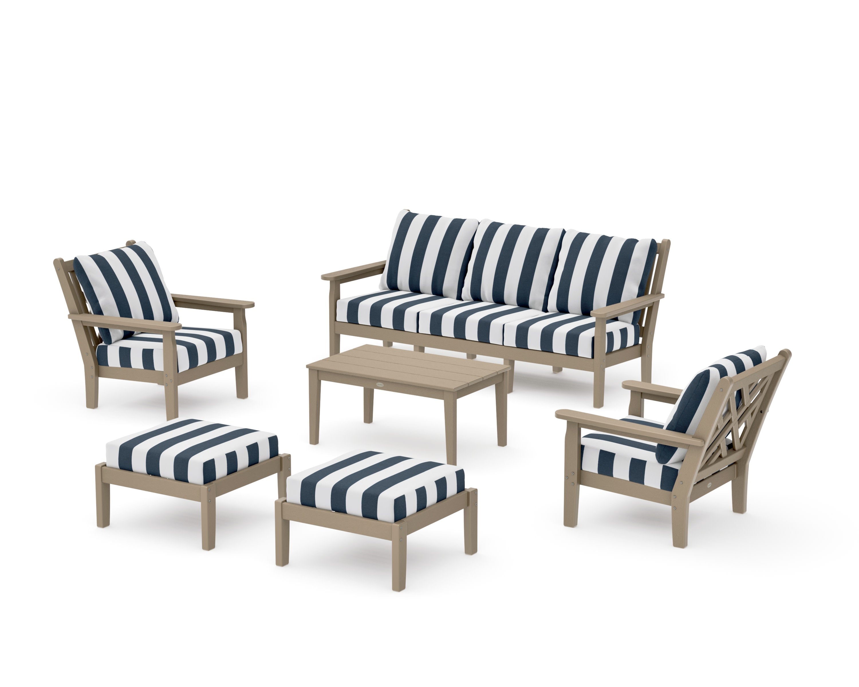 Chippendale 6-Piece Lounge Sofa Set in Vintage Sahara / Cabana Stripe Marine Indigo