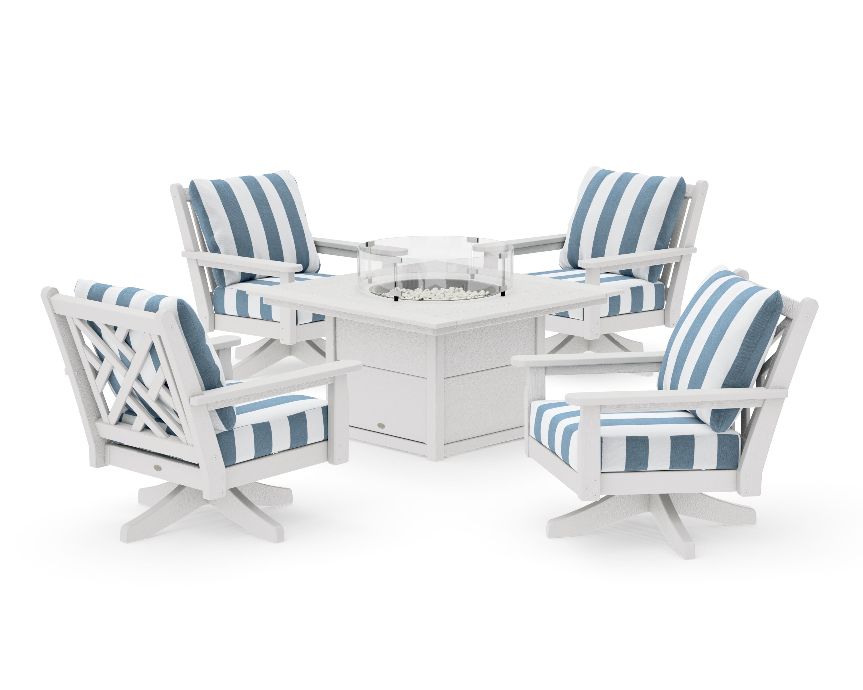 Chippendale 5-Piece Deep Seating Swivel Conversation Set with Fire Pit Table in Vintage White / Cabana Stripe Sky Blue