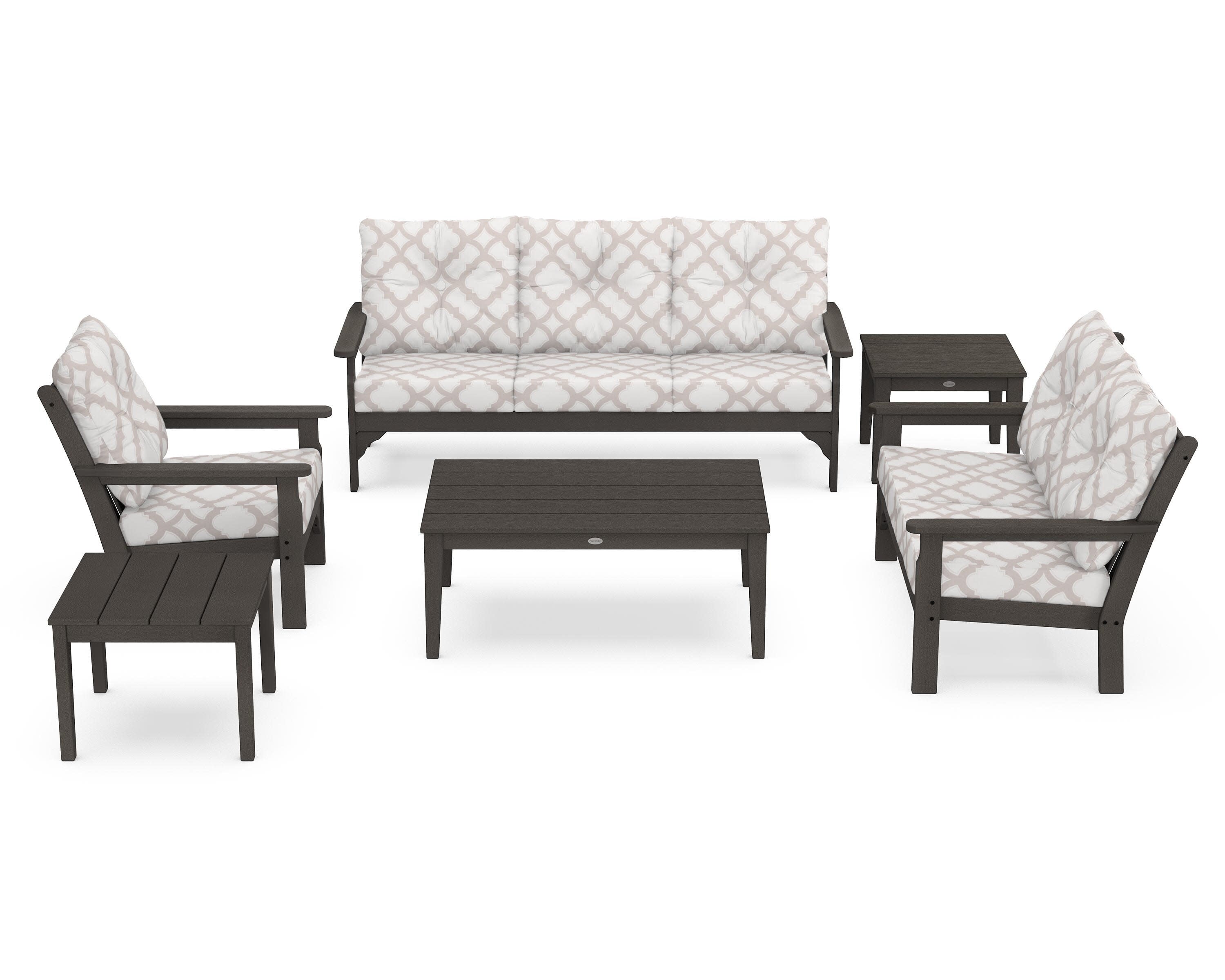Vineyard 6-Piece Deep Seating Set in Vintage Coffee / Trellis Dune Burlap