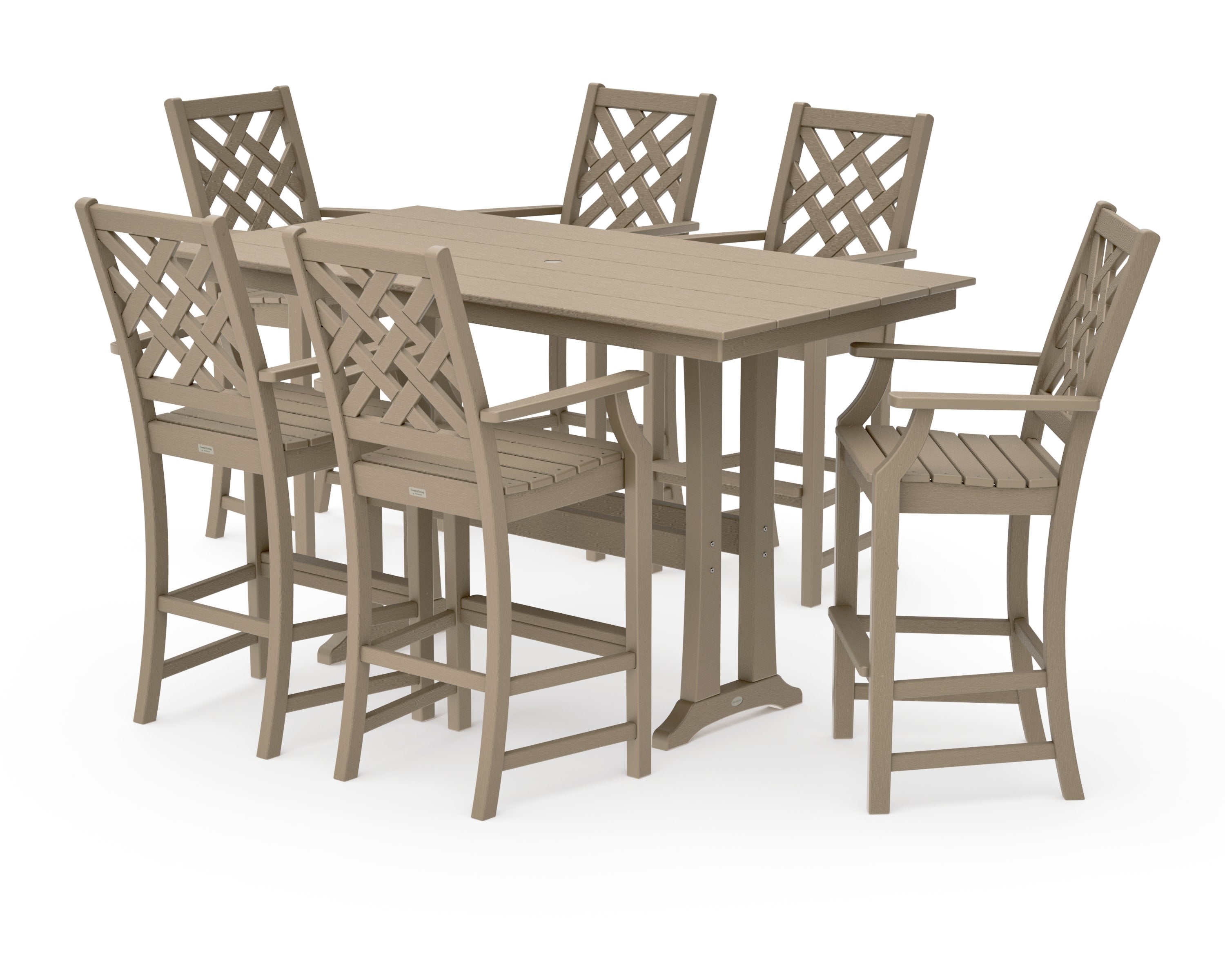 Wovendale Arm Chair 7-Piece Farmhouse Bar Set with Trestle Legs in Vintage Sahara