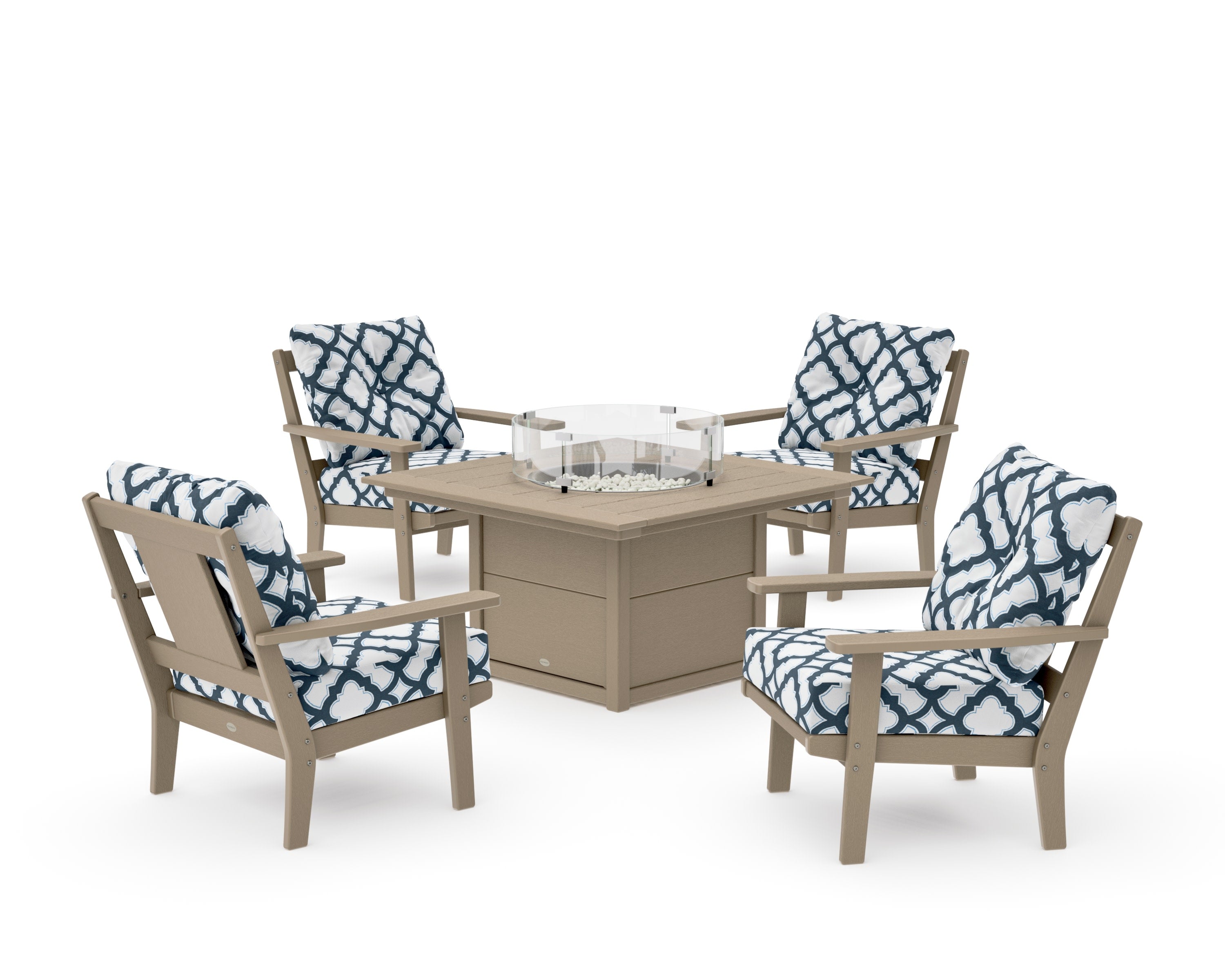 Prairie 5-Piece Deep Seating Set with Fire Pit Table in Vintage Sahara / Trellis Marine Indigo