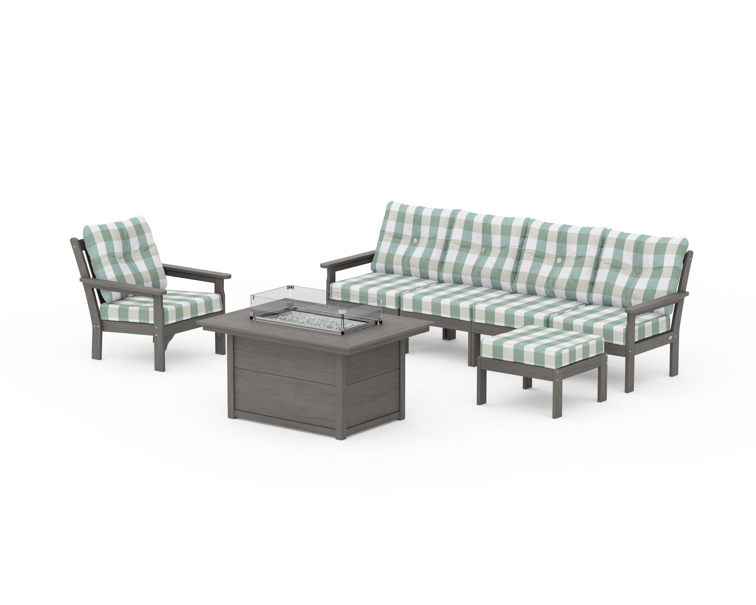 Vineyard Sectional Lounge and Fire Pit Set in Driftwood / Buffalo Plaid Glacier Spa