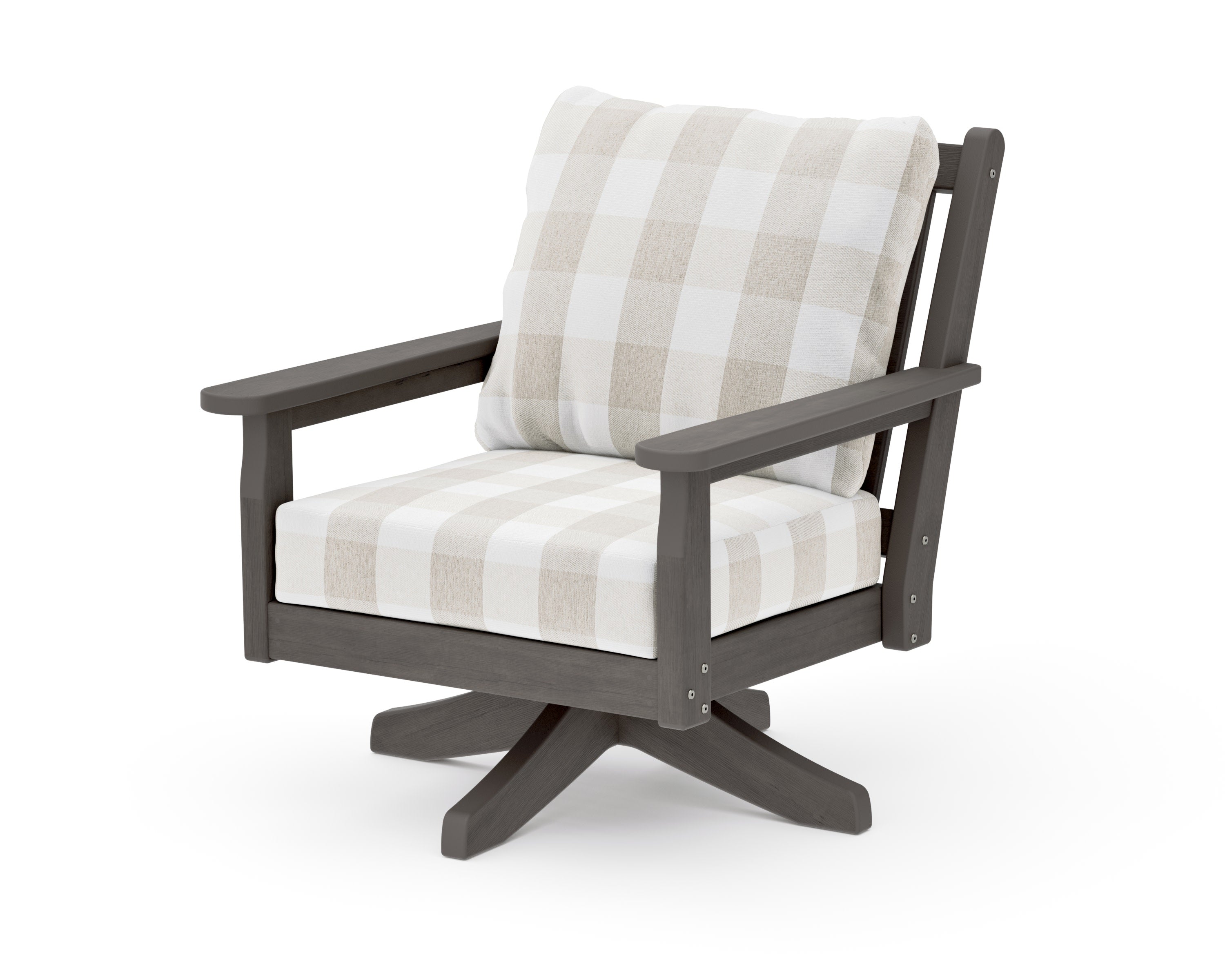 Chippendale Deep Seating Swivel Chair in Driftwood / Buffalo Plaid Dune Burlap
