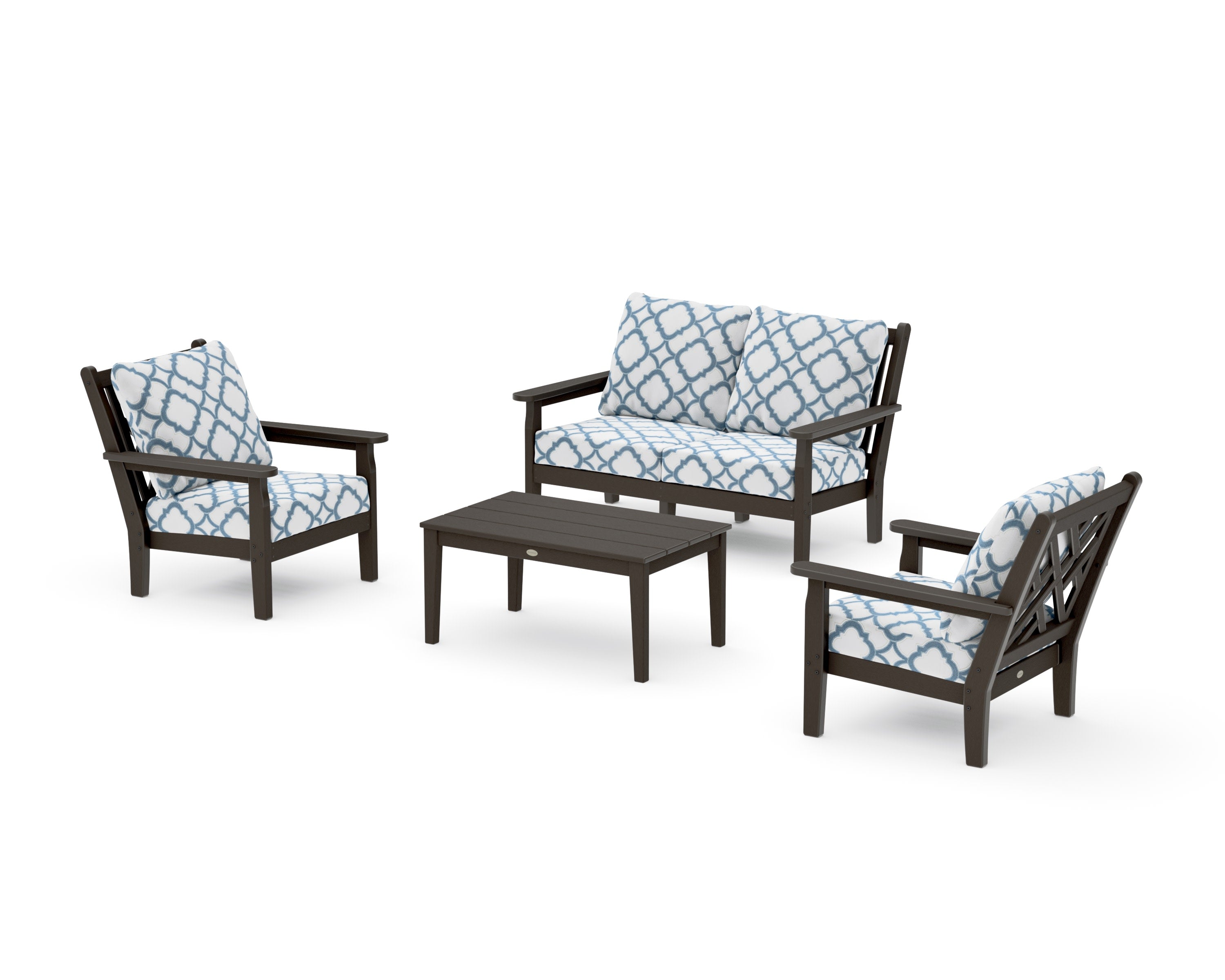 Chippendale 4-Piece Deep Seating Set with Loveseat in Vintage Coffee / Trellis Sky Blue