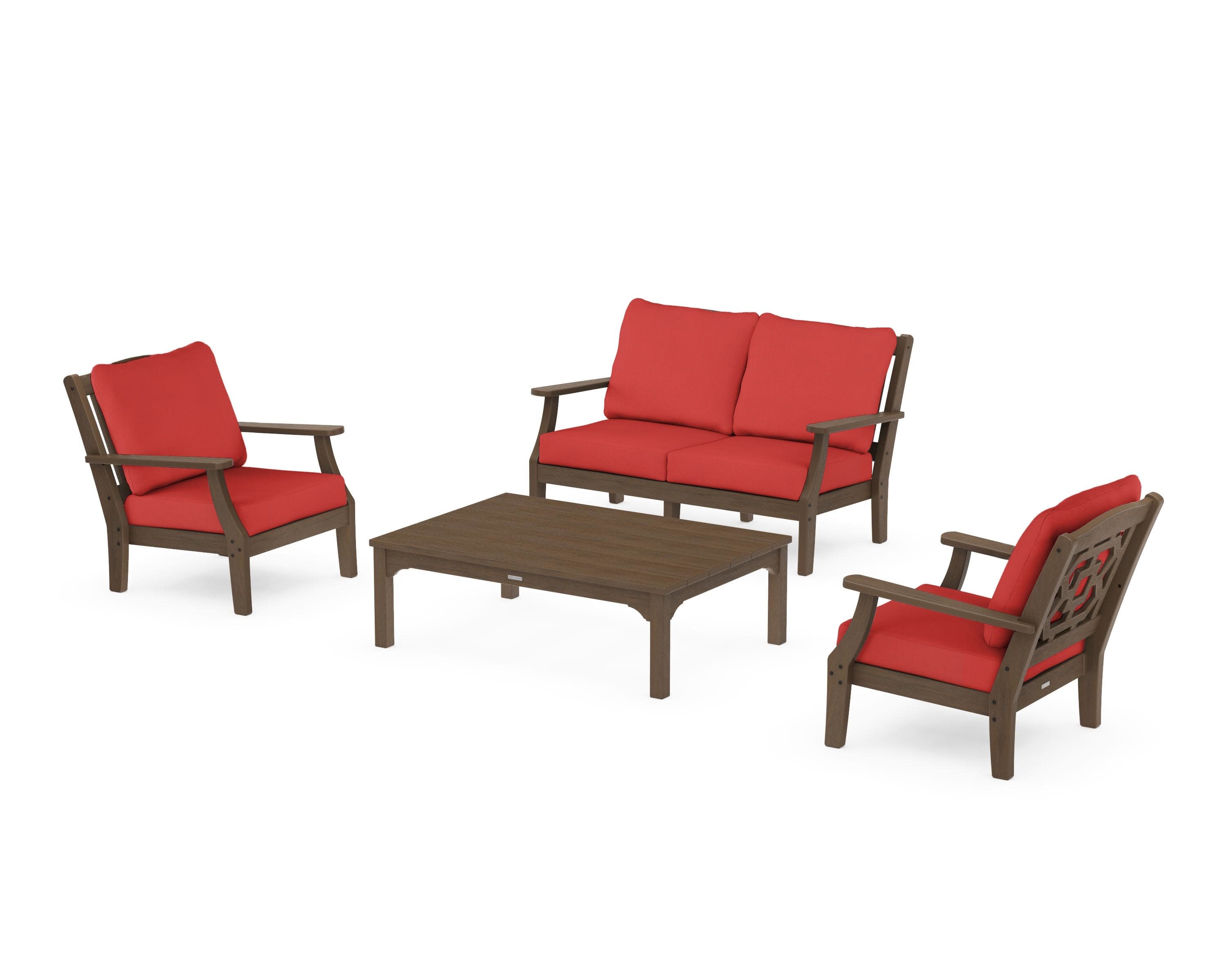 Chinoiserie 4-Piece Deep Seating Set with Loveseat in Kona / Crimson Linen