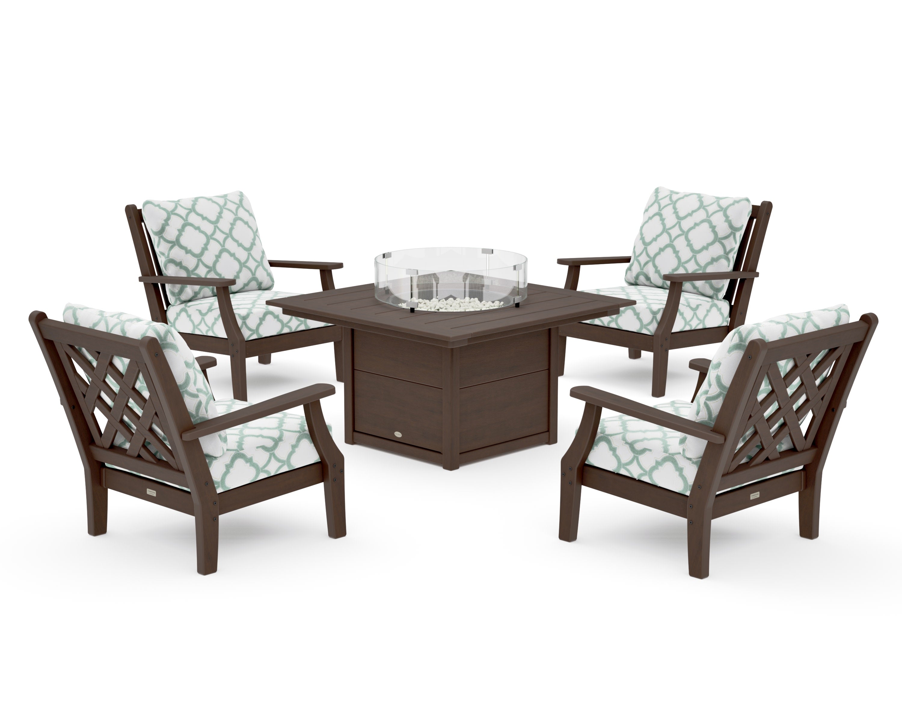 Wovendale 5-Piece Deep Seating Set with Fire Pit Table in Kona / Trellis Glacier Spa