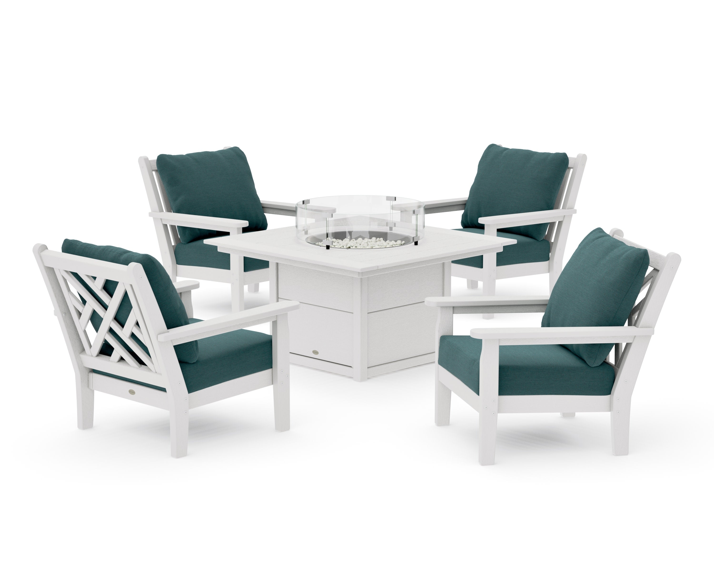 Chippendale 5-Piece Deep Seating Set with Fire Pit Table in Vintage White / Ocean Teal
