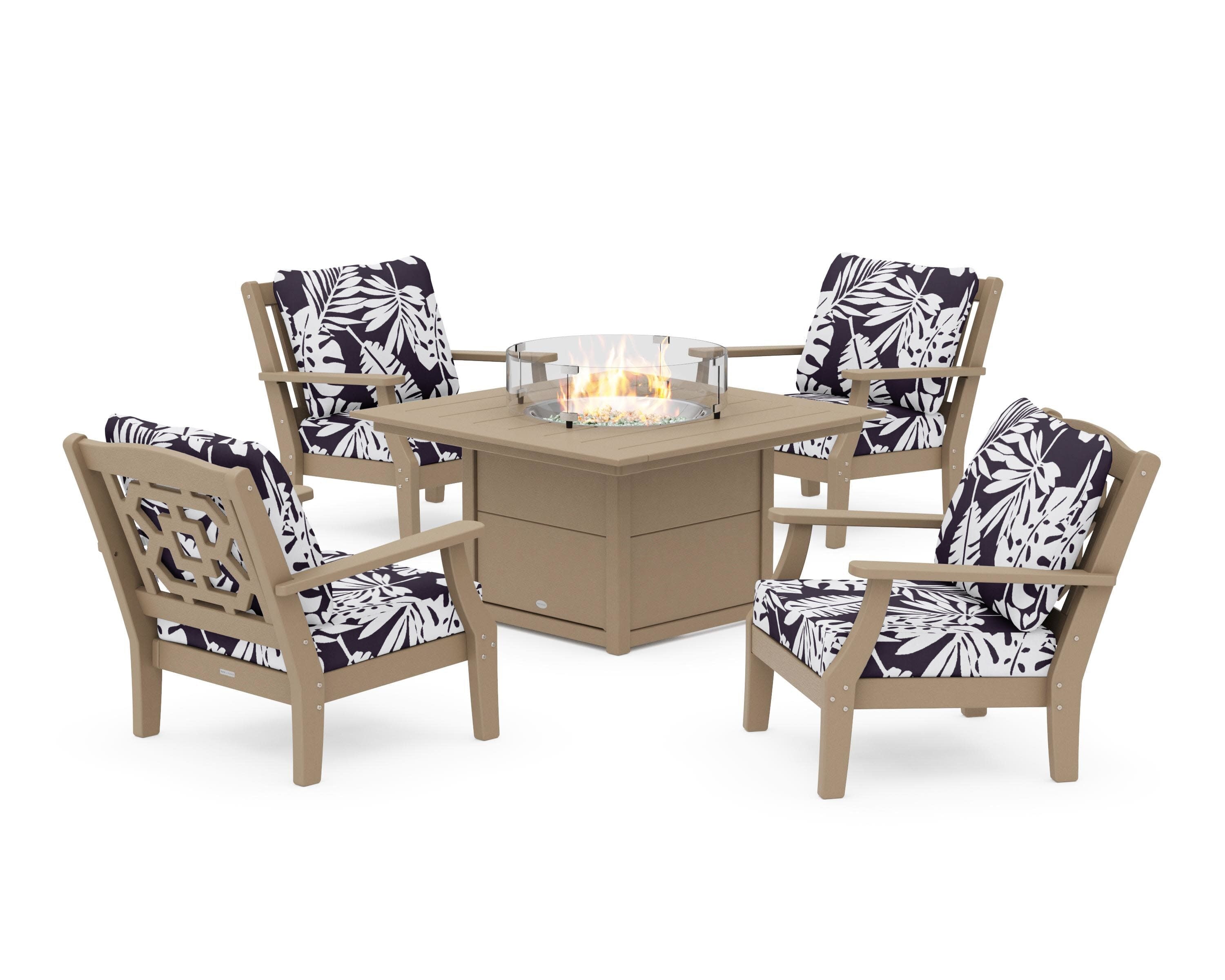 Chinoiserie 5-Piece Deep Seating Set with Fire Pit Table in Vintage Sahara / Leaf Navy