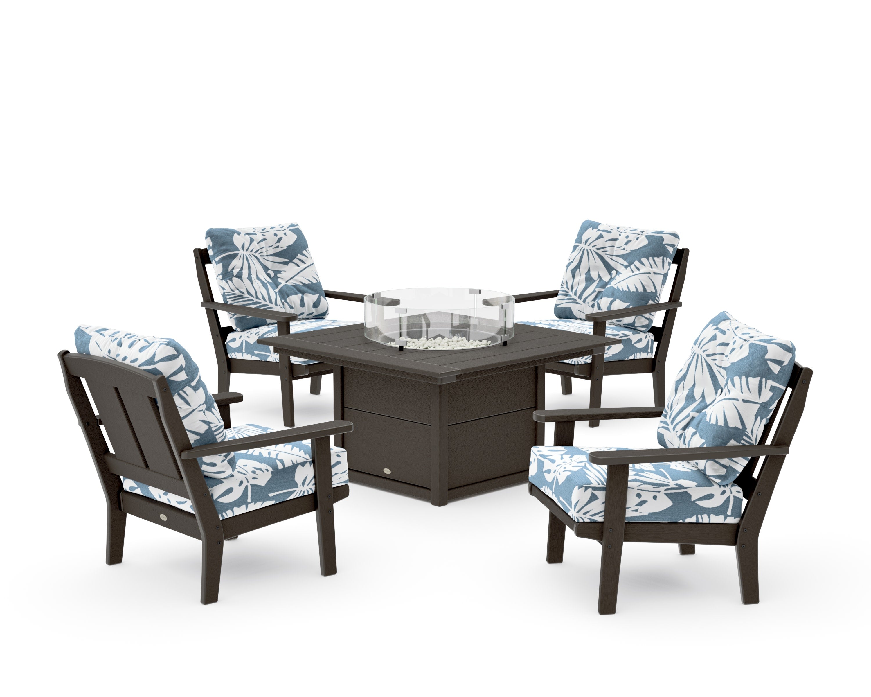Mission 5-Piece Deep Seating Set with Fire Pit Table in Vintage Coffee / Leaf Sky Blue