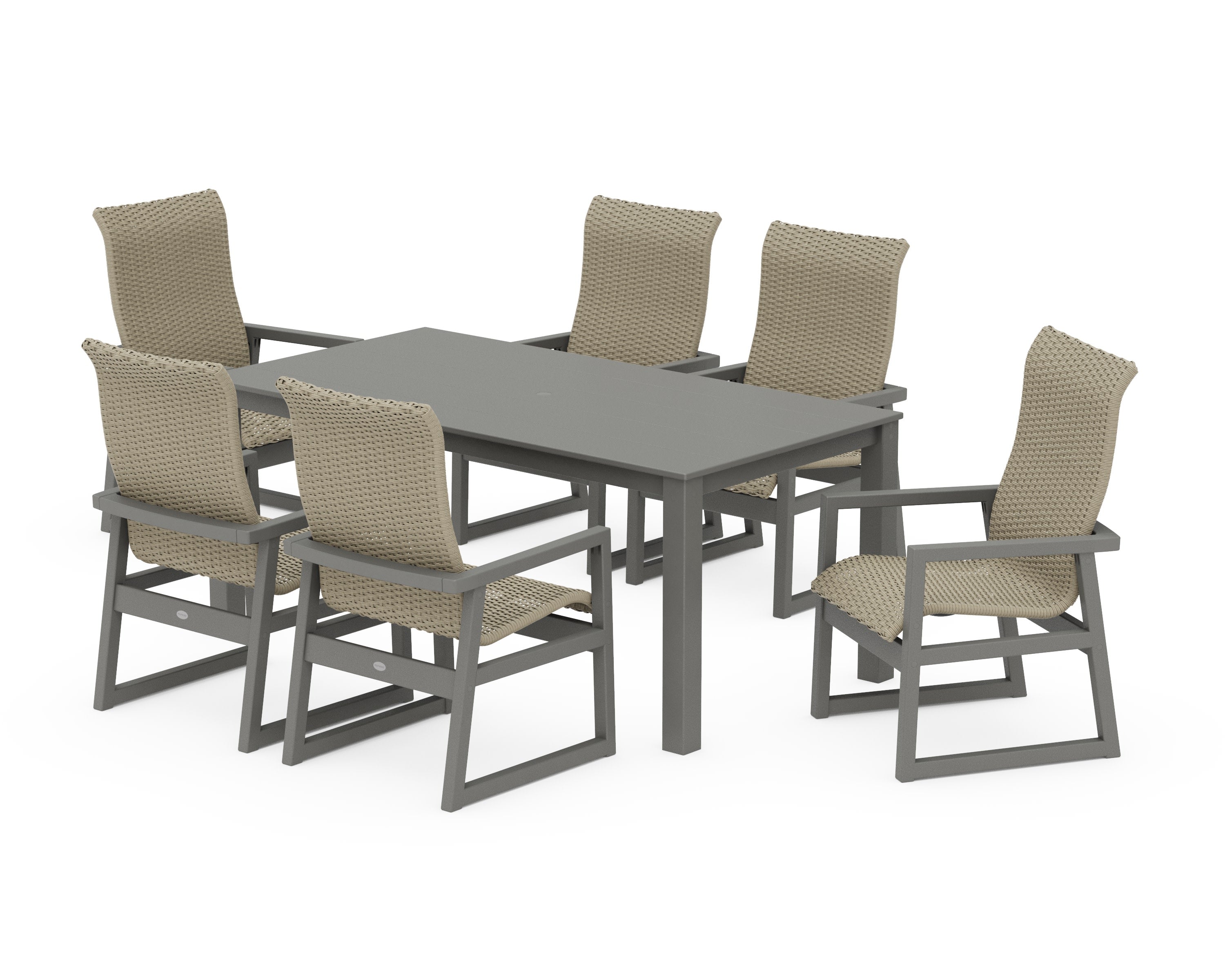 EDGE Woven Highback Arm Chair 7-Piece Parsons Dining Set in Slate Grey / Dune Grass
