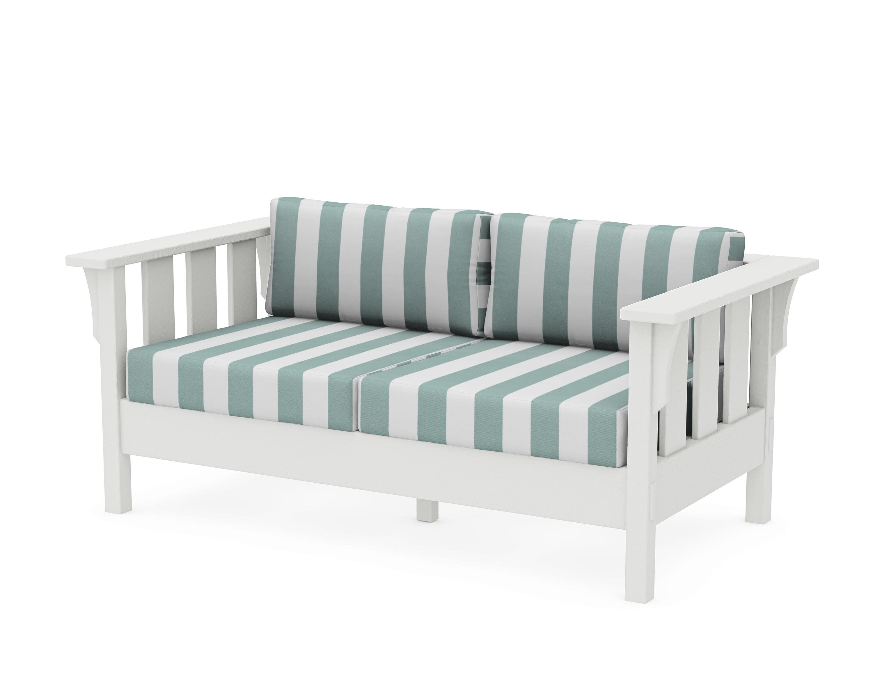 Acadia Deep Seating Loveseat in Vintage White / Cabana Stripe Glacier Spa