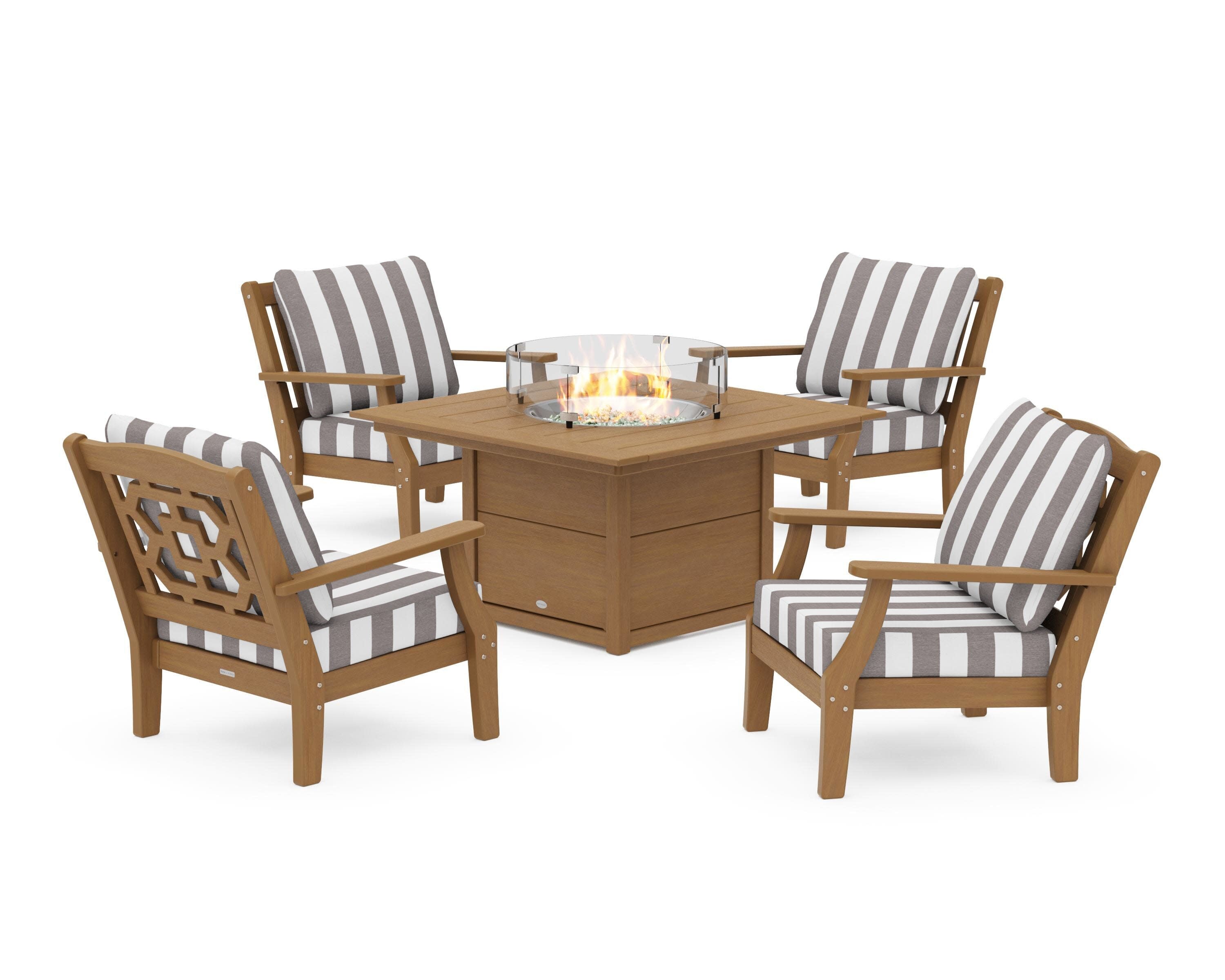 Chinoiserie 5-Piece Deep Seating Set with Fire Pit Table in Natural / Cabana Stripe Grey Mist