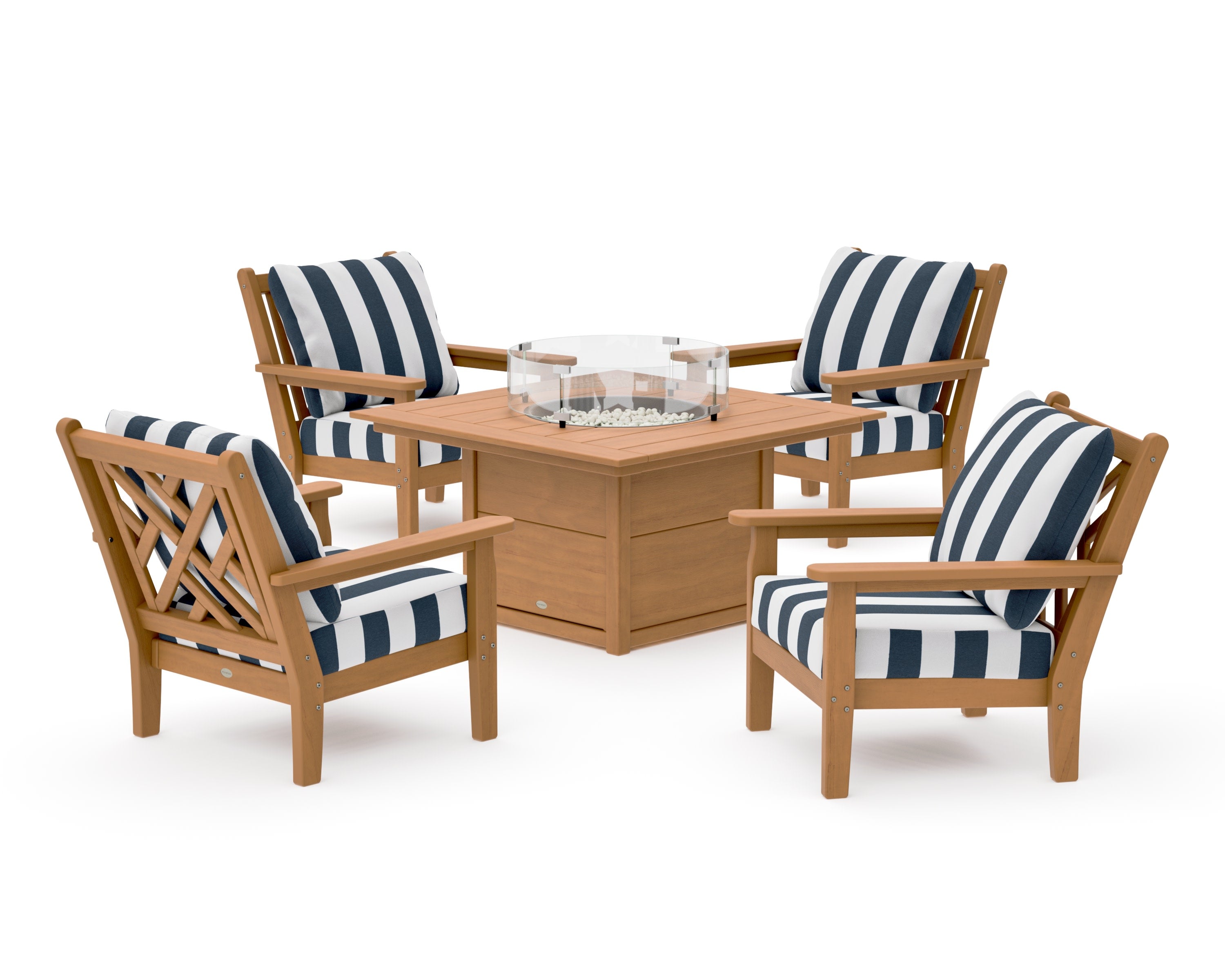 Chippendale 5-Piece Deep Seating Set with Fire Pit Table in Natural / Cabana Stripe Marine Indigo