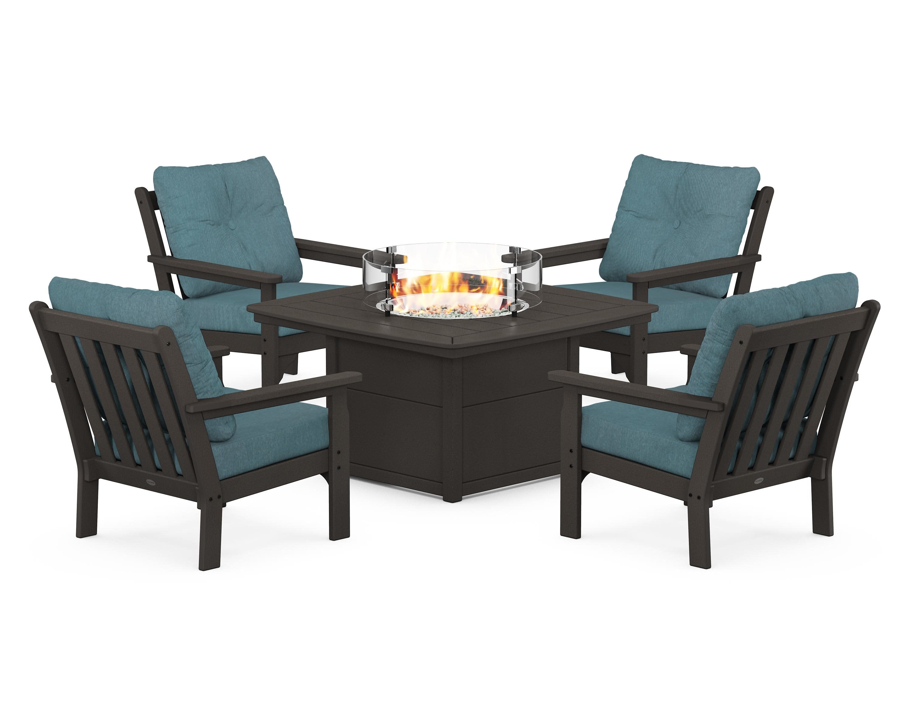 Vineyard 5-Piece Conversation Set with Fire Pit Table in Vintage Coffee / Ocean Teal