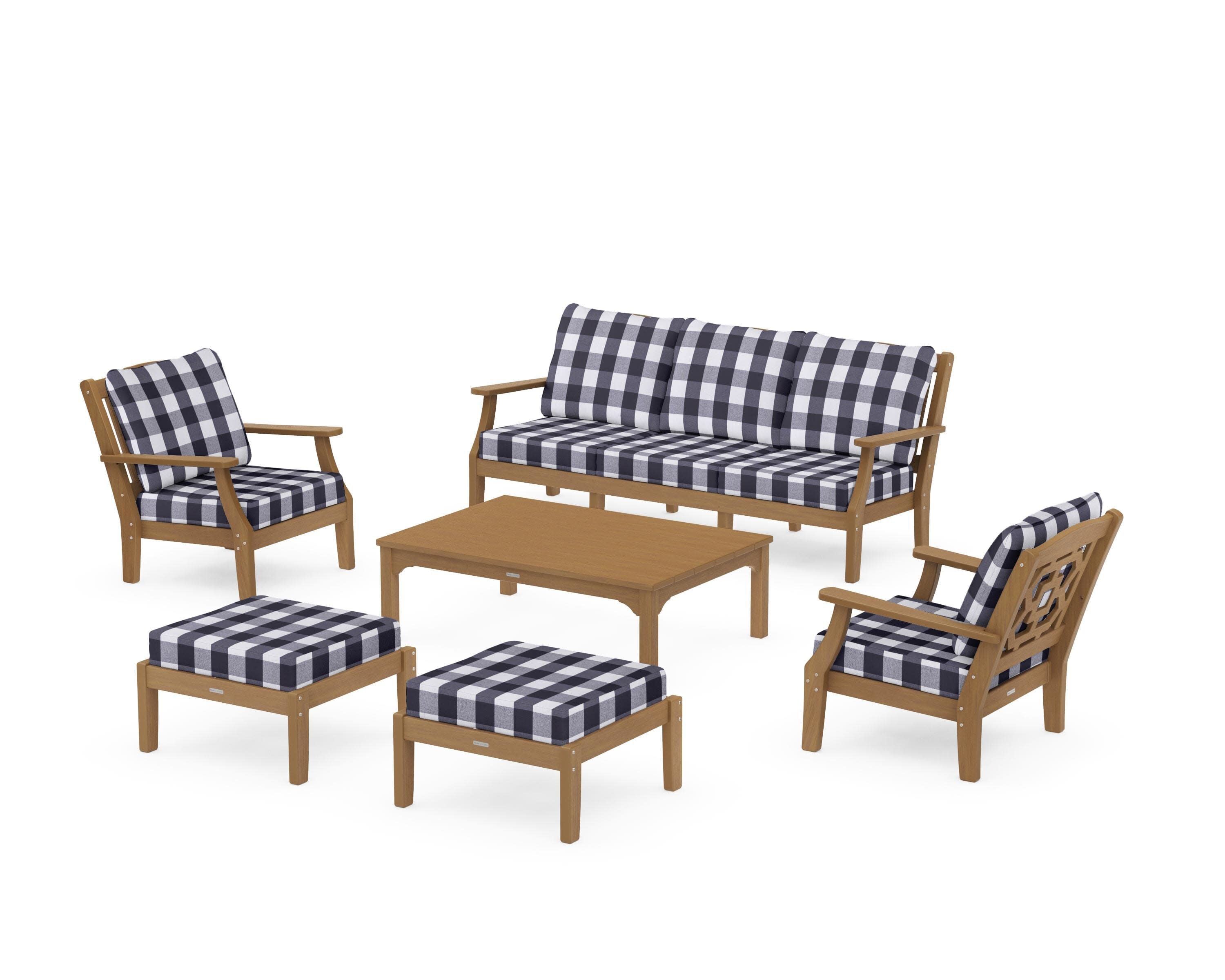 Chinoiserie 6-Piece Lounge Sofa Set in Natural / Buffalo Plaid Navy